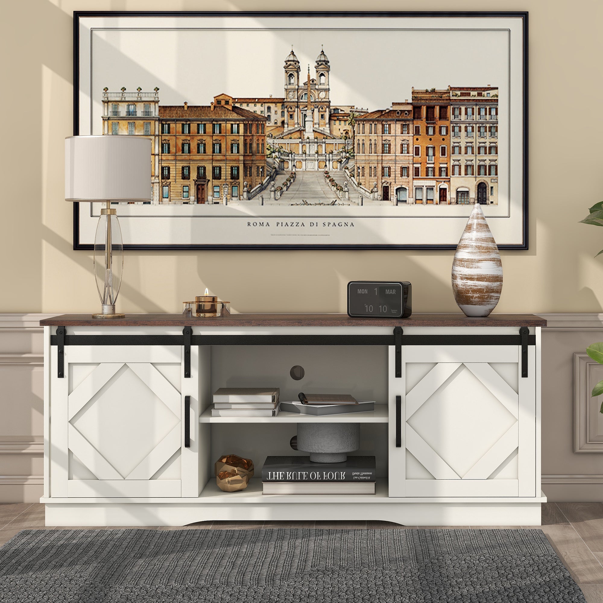 TV Cabinet 150x40x60cm 2 Sliding Doors Adjustable Shelves - Country Modern