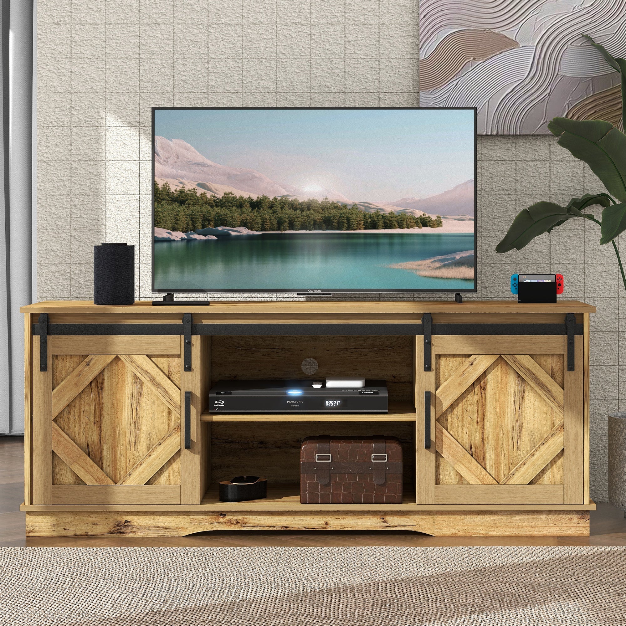 Large TV Cabinet/Stand, 2 Sliding Doors Adjustable Shelves, Vintage Brown