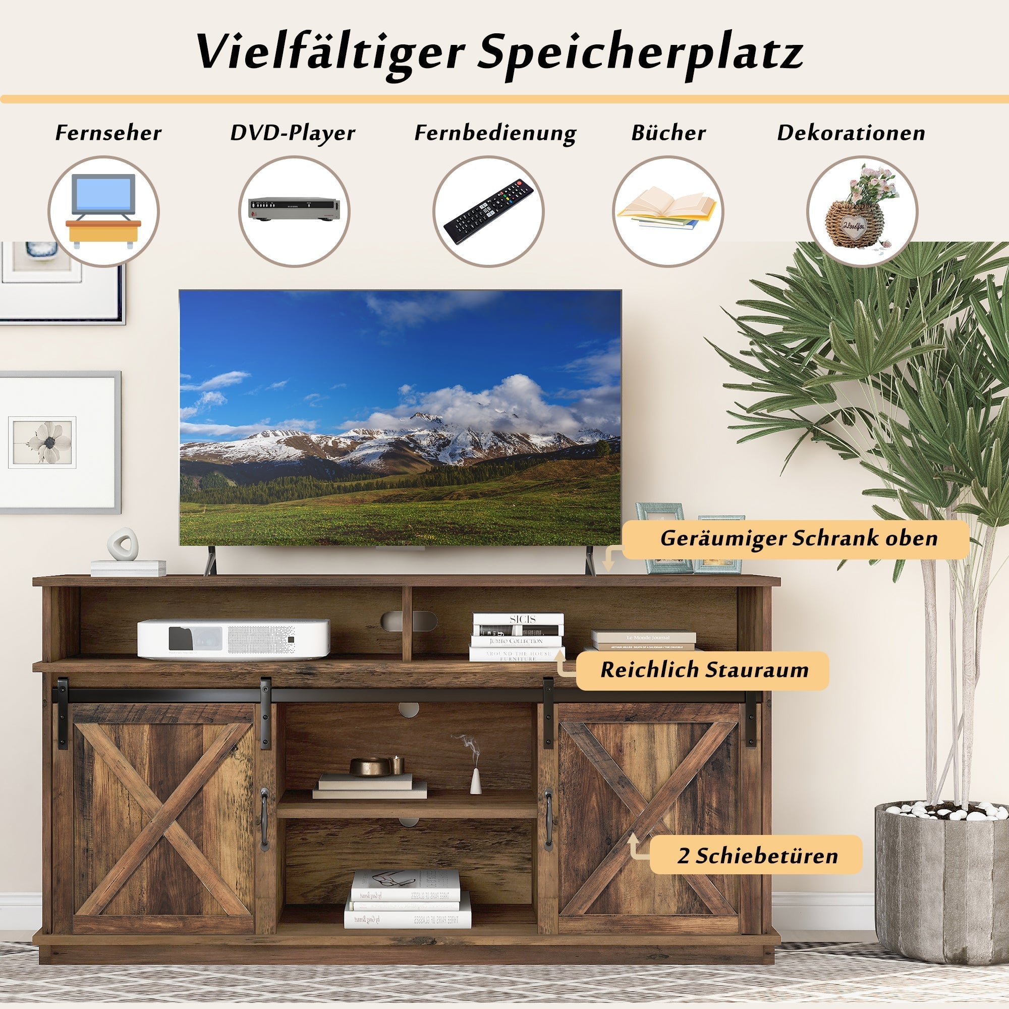 TV Cabinet, Sideboard Entertainment Center, Sliding Doors, Adjustable Shelves, Farmhouse Design Wood