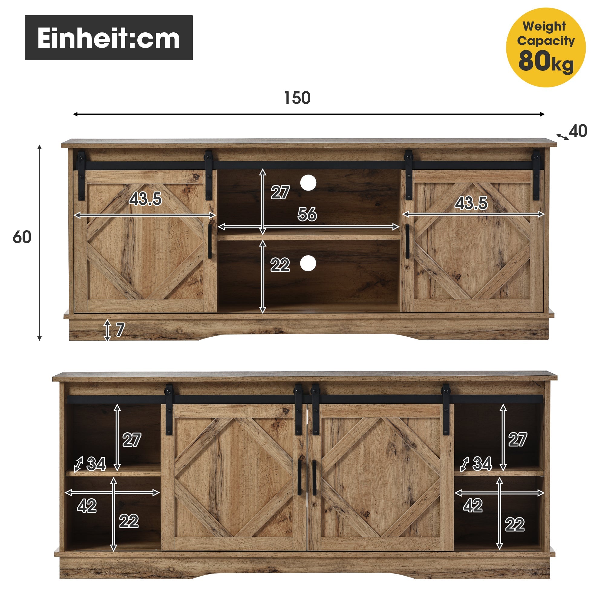 Large TV Cabinet/Stand, 2 Sliding Doors Adjustable Shelves, Vintage Brown