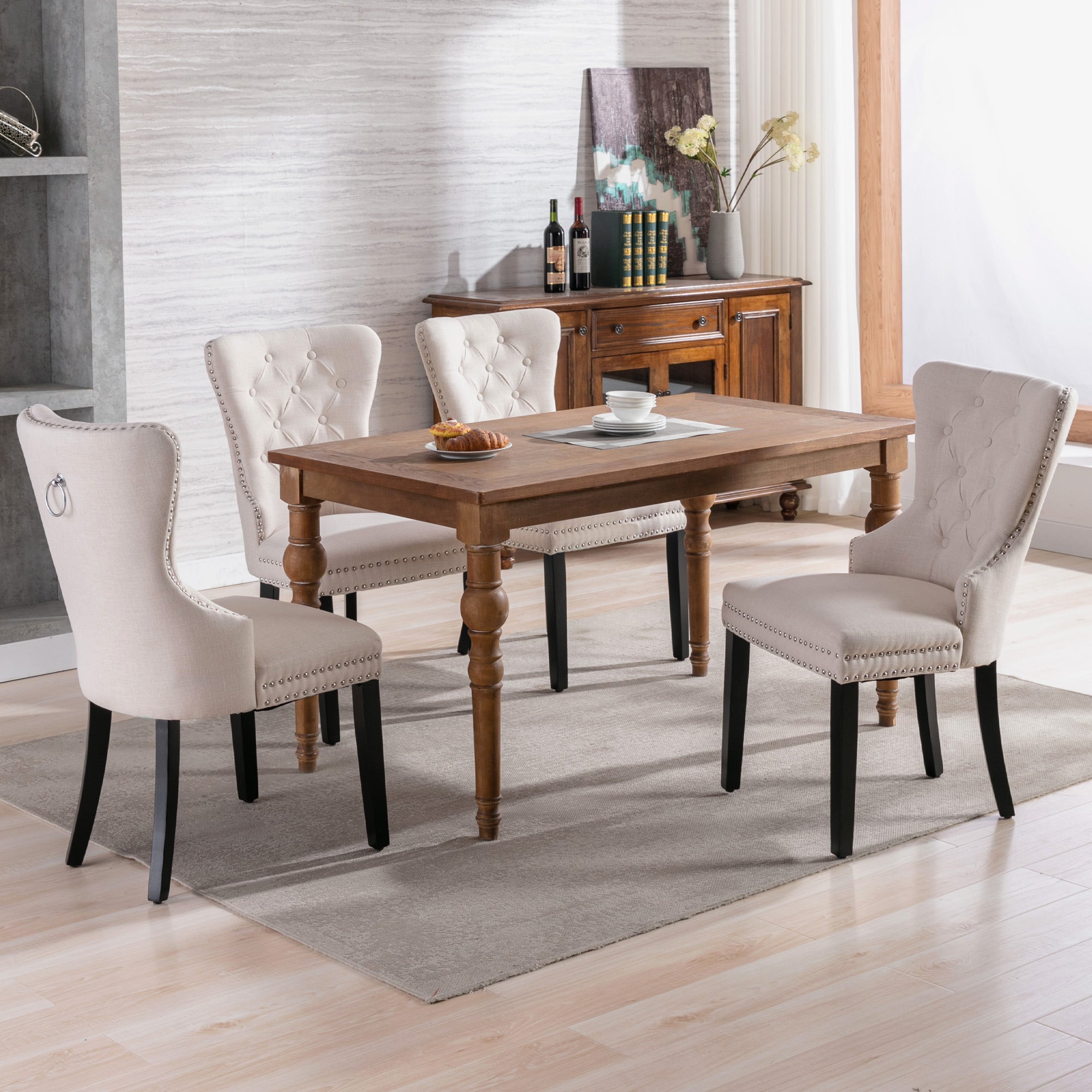Linen Dining Chair Set of 2 - Oak Legs, Button and Nailhead Trim - Beige Linen