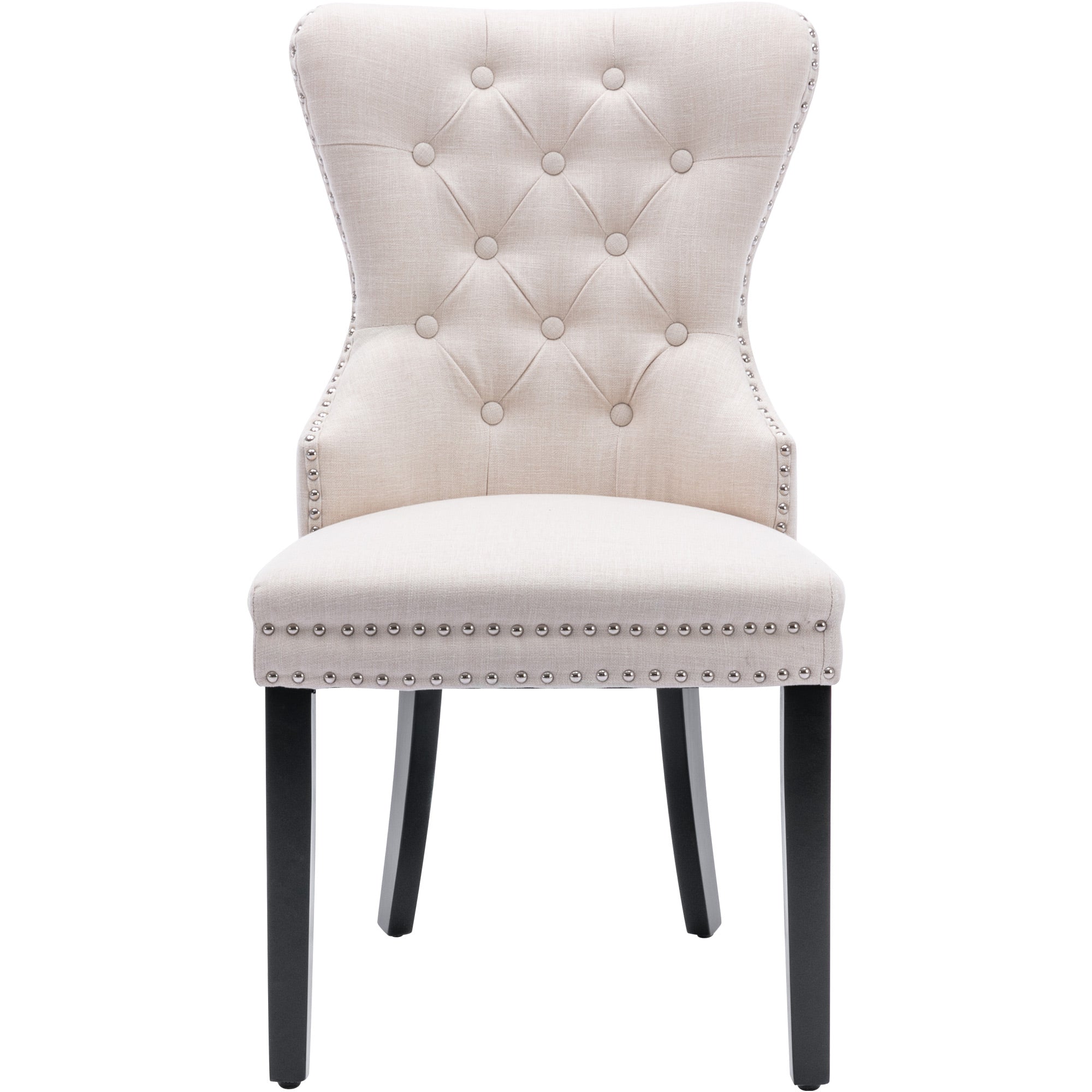 Dining Chair Set of 4, Linen, Oak Legs, Button and Nailhead Trim, Beige
