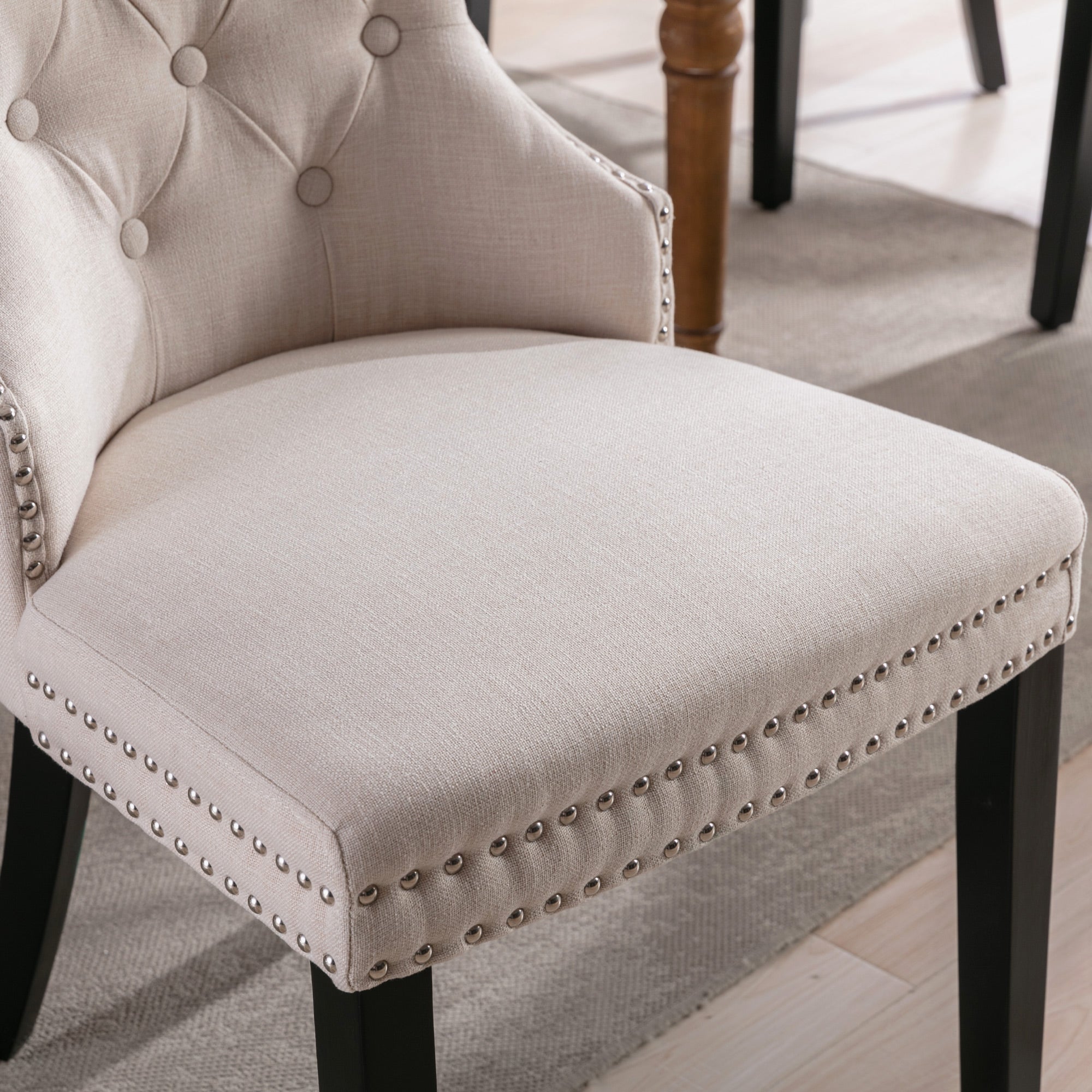 Dining Chair Set of 4, Linen, Oak Legs, Button and Nailhead Trim, Beige