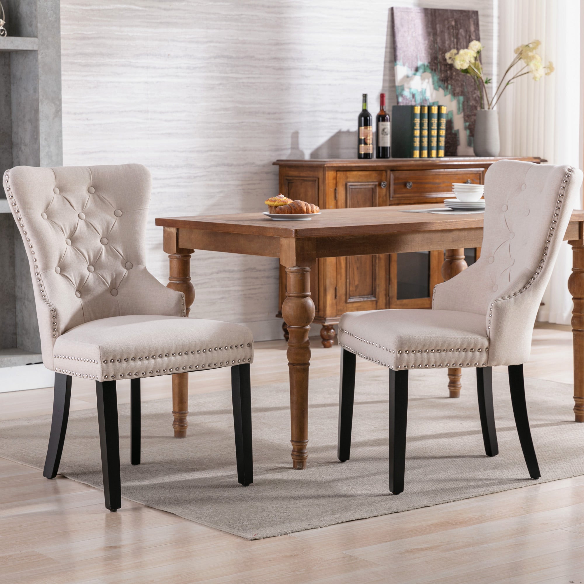 Linen Dining Chair Set of 2 - Oak Legs, Button and Nailhead Trim - Beige Linen