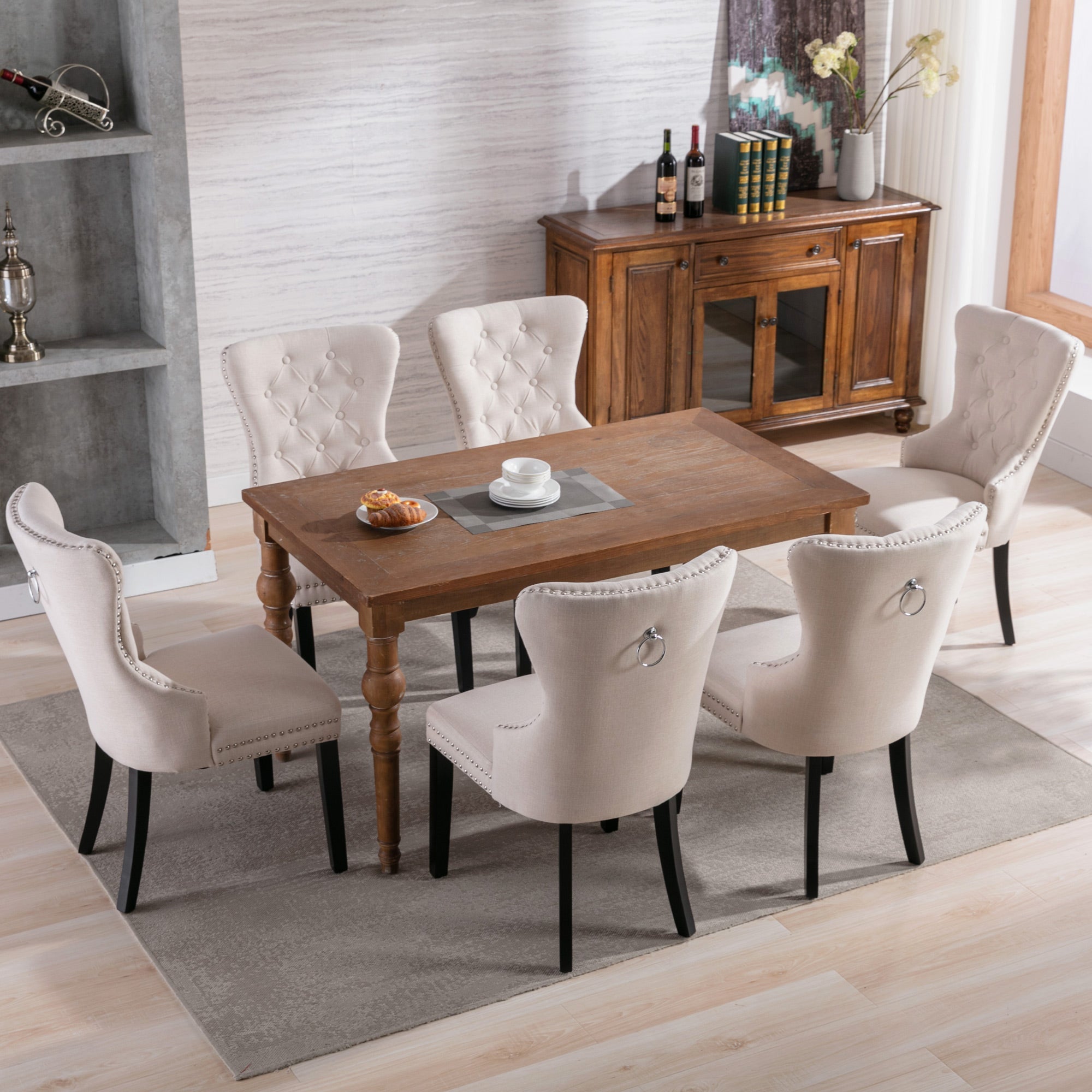 Linen Dining Chair Set of 2 - Oak Legs, Button and Nailhead Trim - Beige Linen