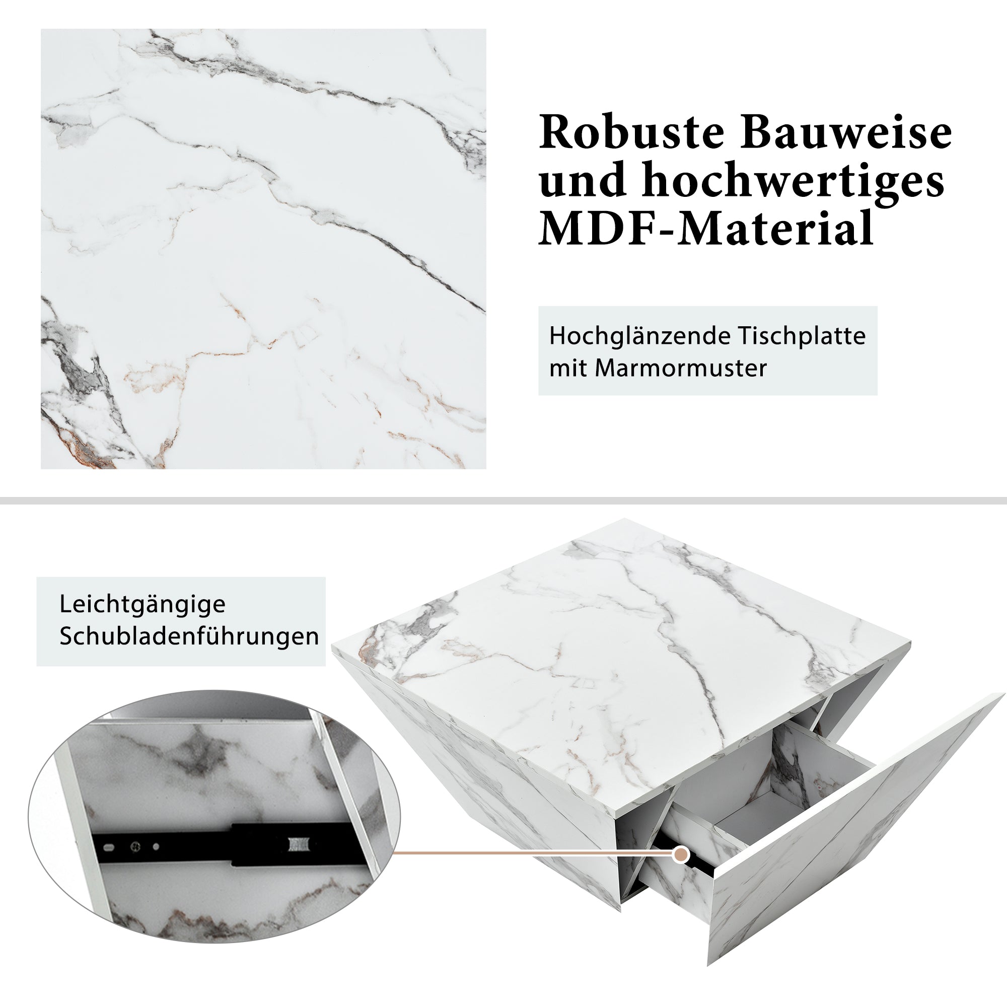 Modern Drum Coffee Table, Trapezoidal with Marble Veneer, White