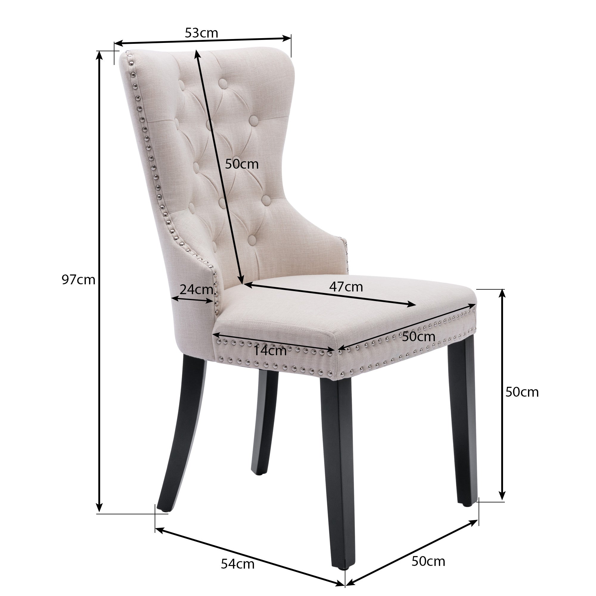 Dining Chair Set of 4, Linen, Oak Legs, Button and Nailhead Trim, Beige