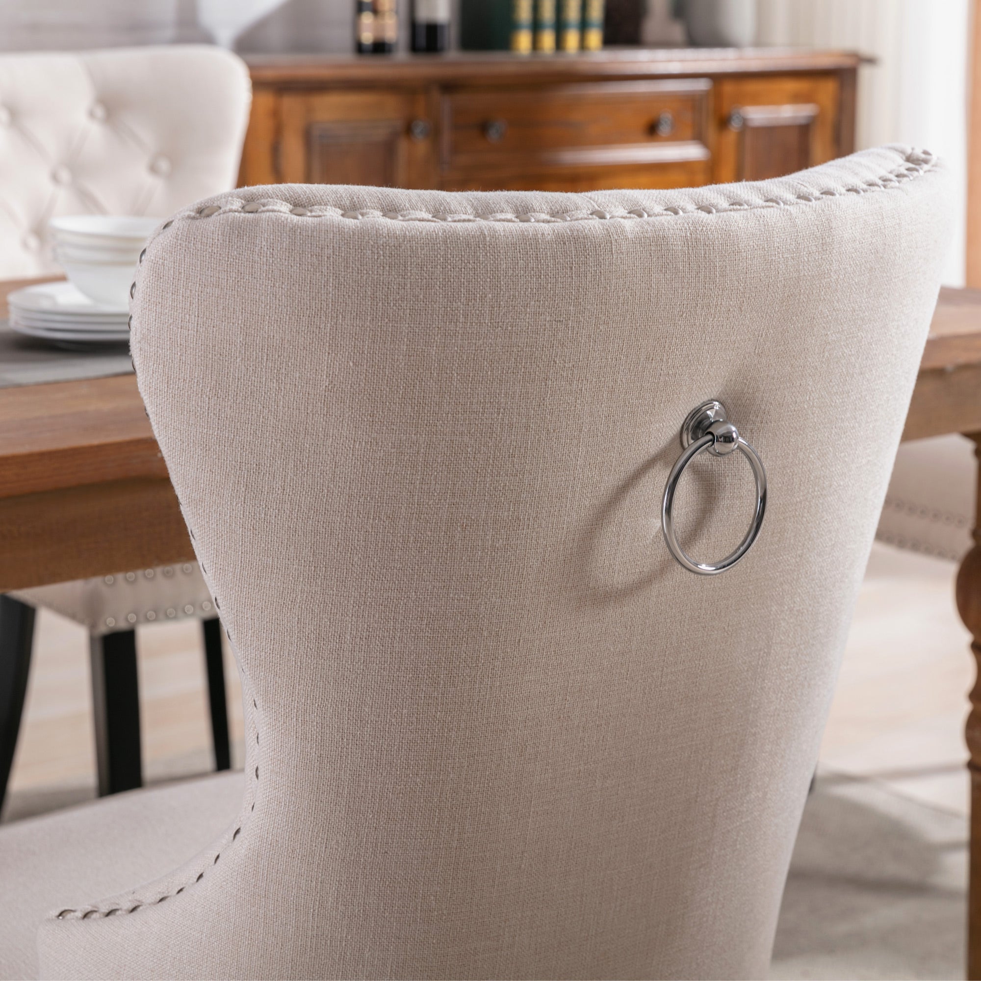 Linen Dining Chair Set of 2 - Oak Legs, Button and Nailhead Trim - Beige Linen