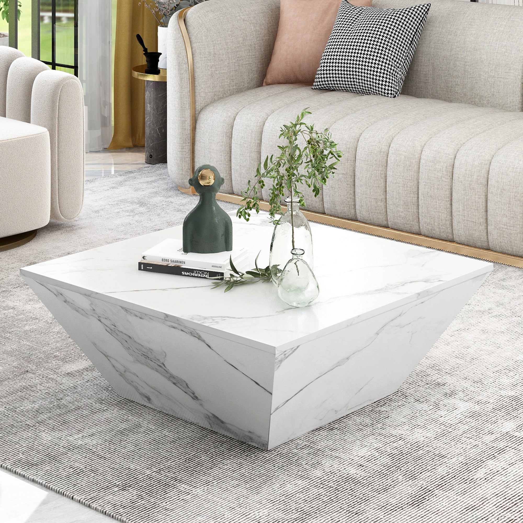 Modern Drum Coffee Table, Trapezoidal with Marble Veneer, White