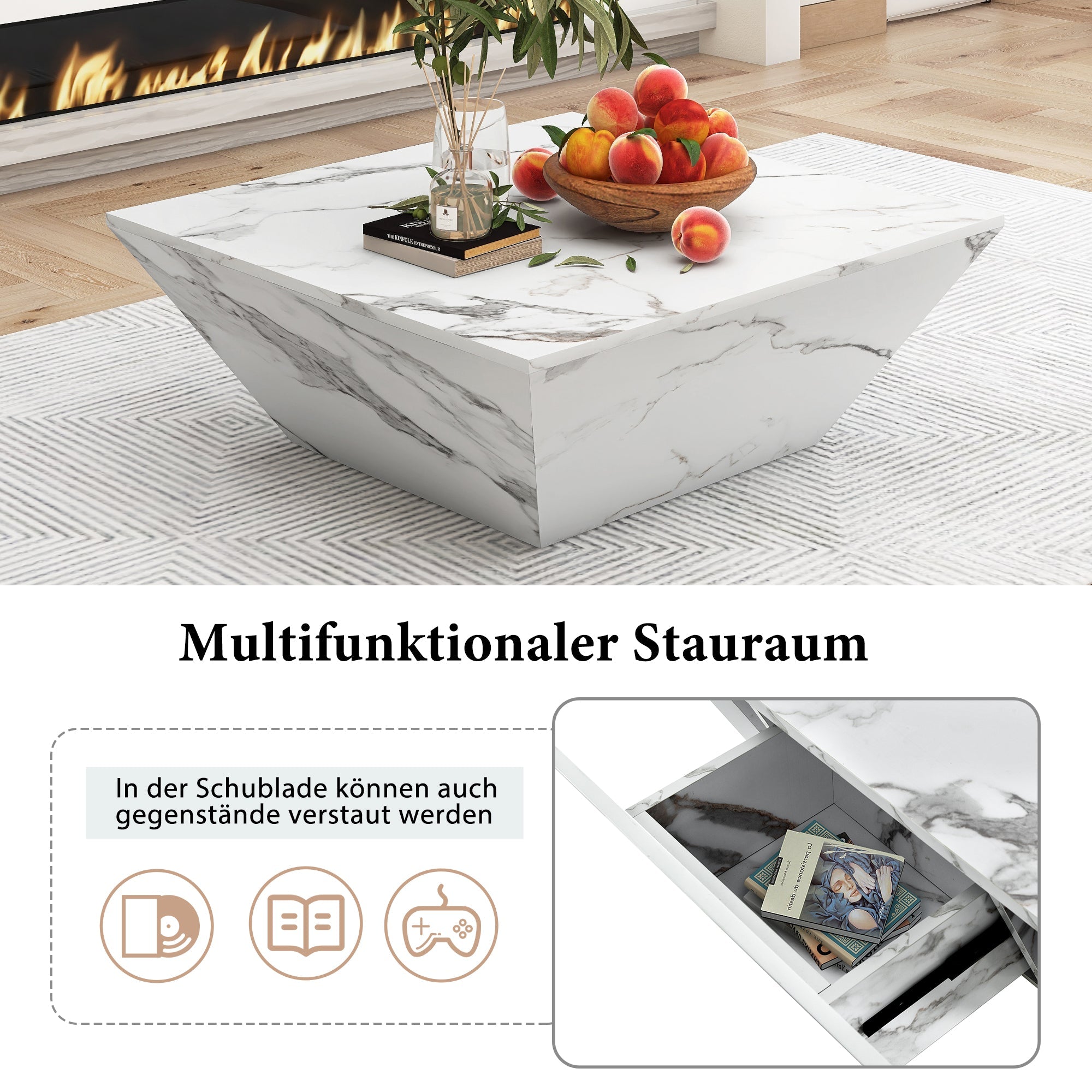 Modern Drum Coffee Table, Trapezoidal with Marble Veneer, White
