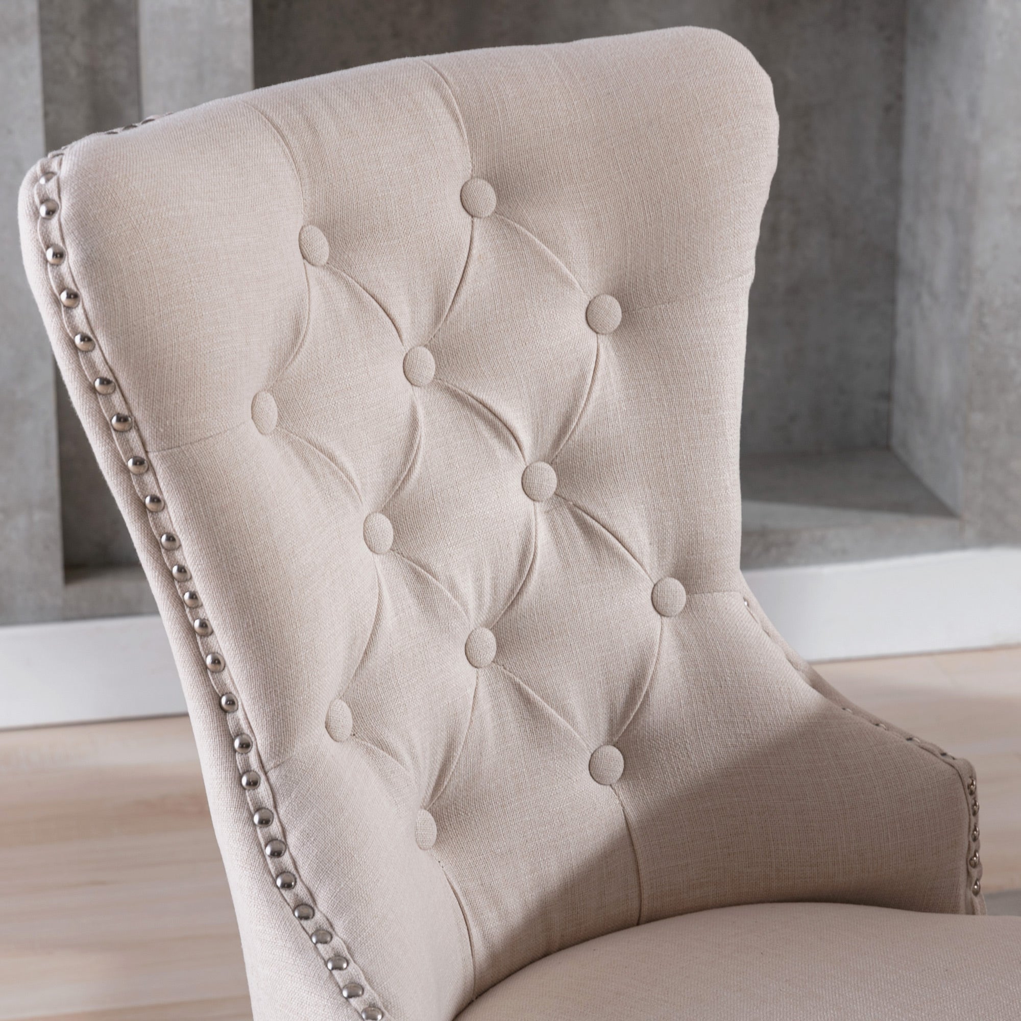 Dining Chair Set of 4, Linen, Oak Legs, Button and Nailhead Trim, Beige