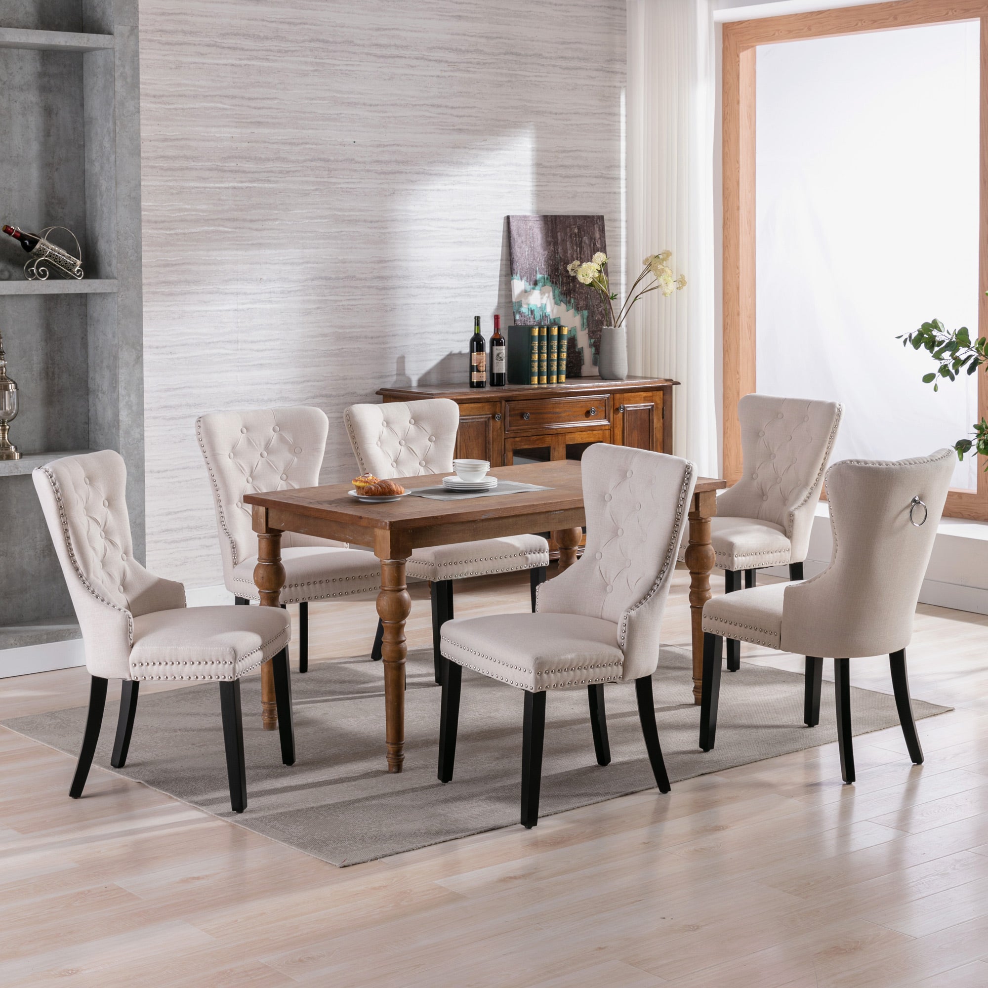 Linen Dining Chair Set of 2 - Oak Legs, Button and Nailhead Trim - Beige Linen