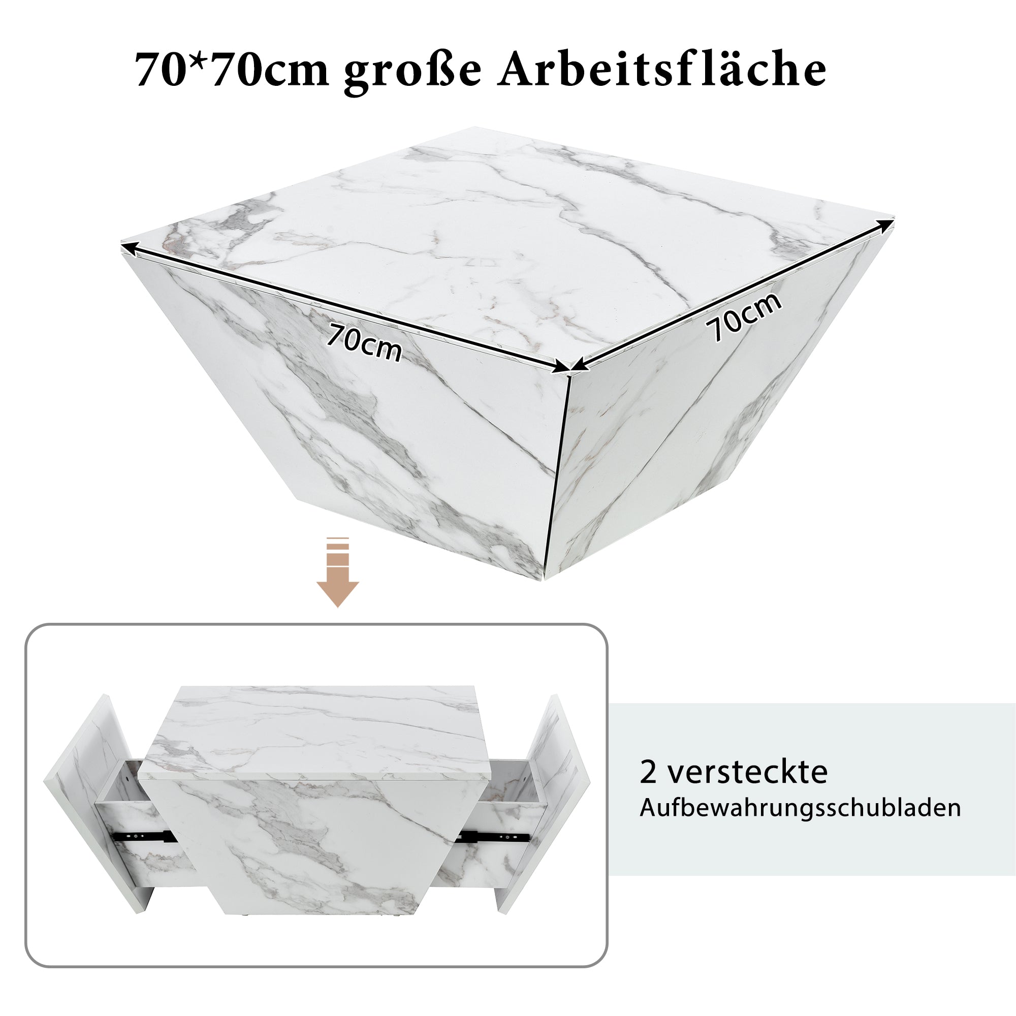 Modern Drum Coffee Table, Trapezoidal with Marble Veneer, White