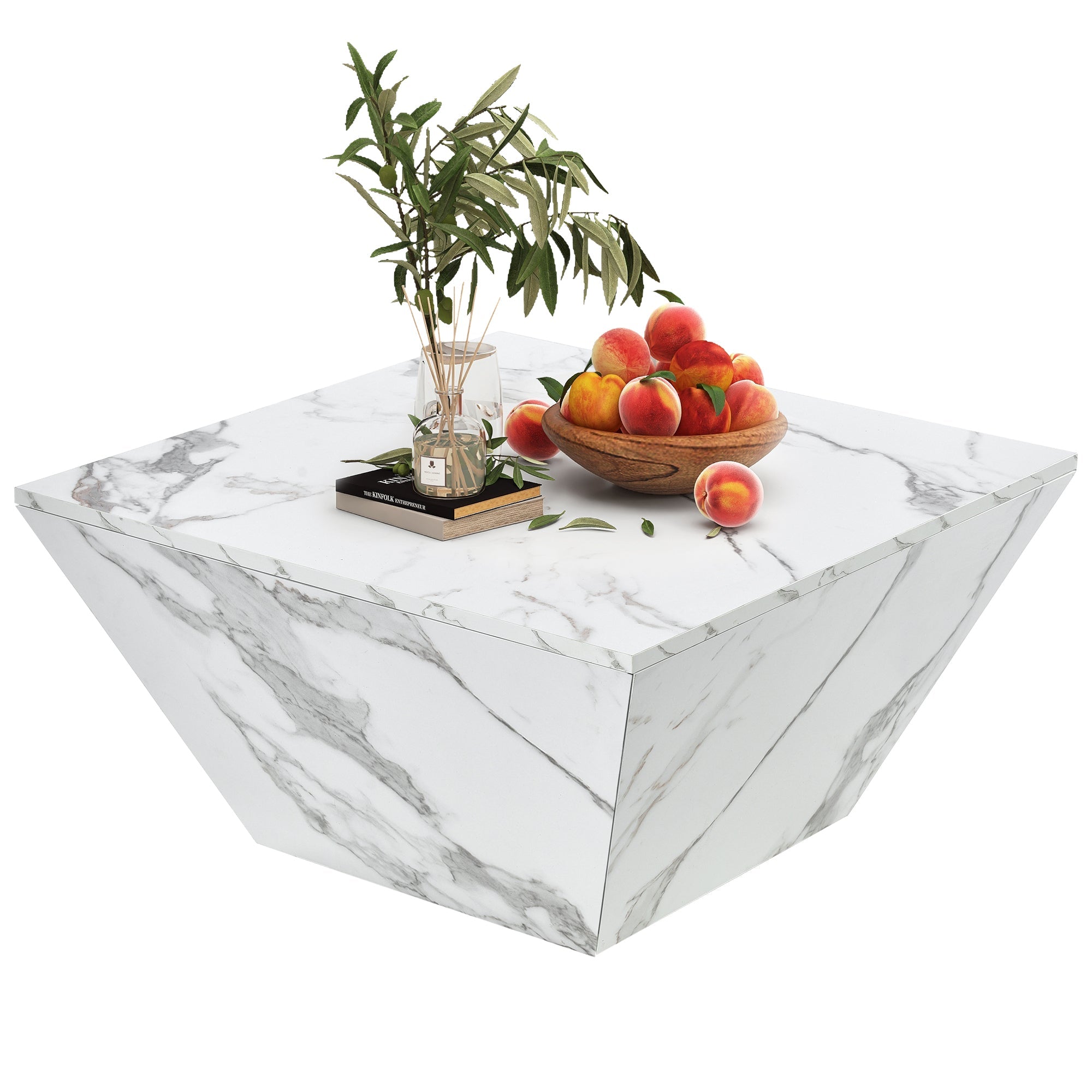 Modern Drum Coffee Table, Trapezoidal with Marble Veneer, White