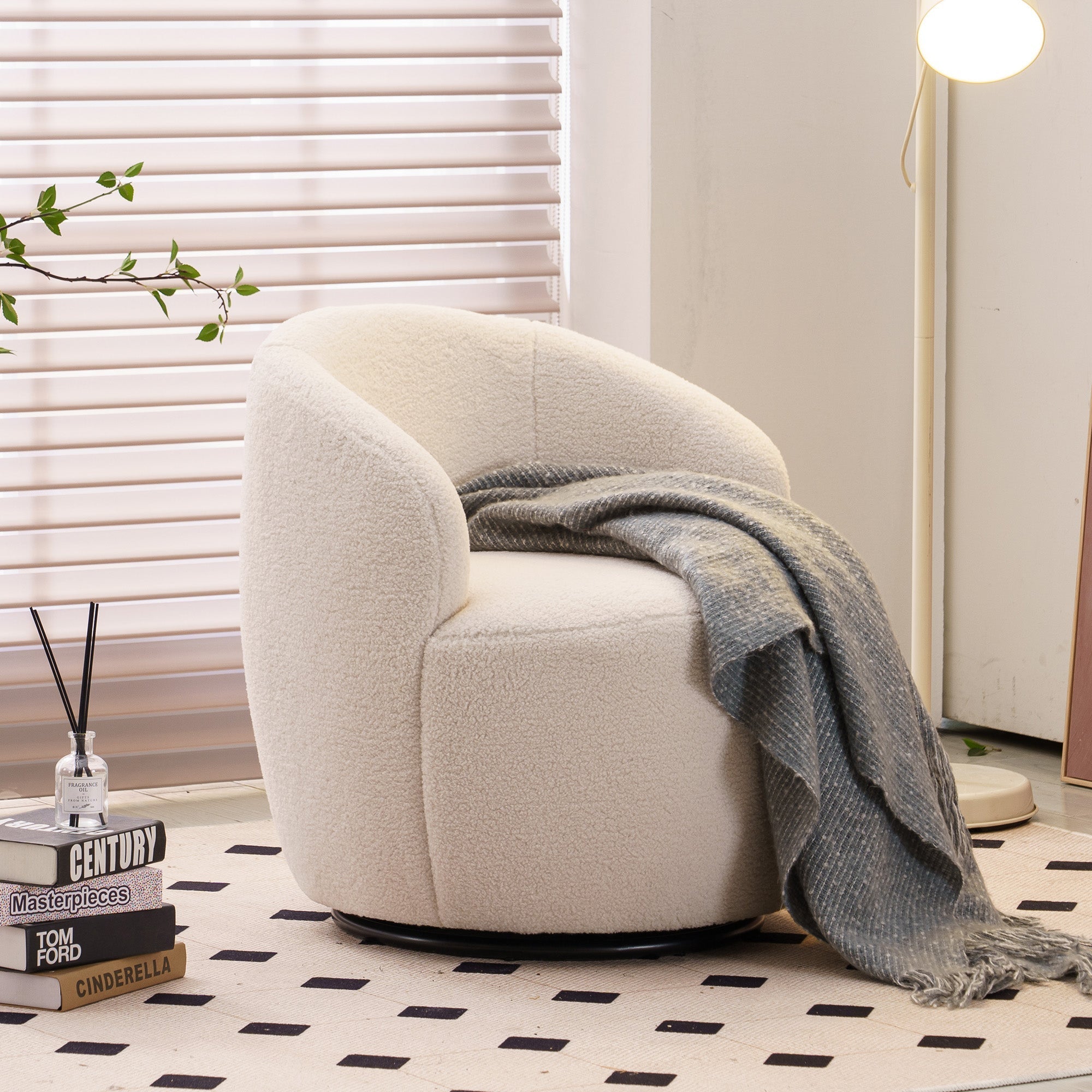 Teddy Fabric Swivel Accent Armchair Barrel Chair with Black Powder Coating Metal Ring, Ivory White