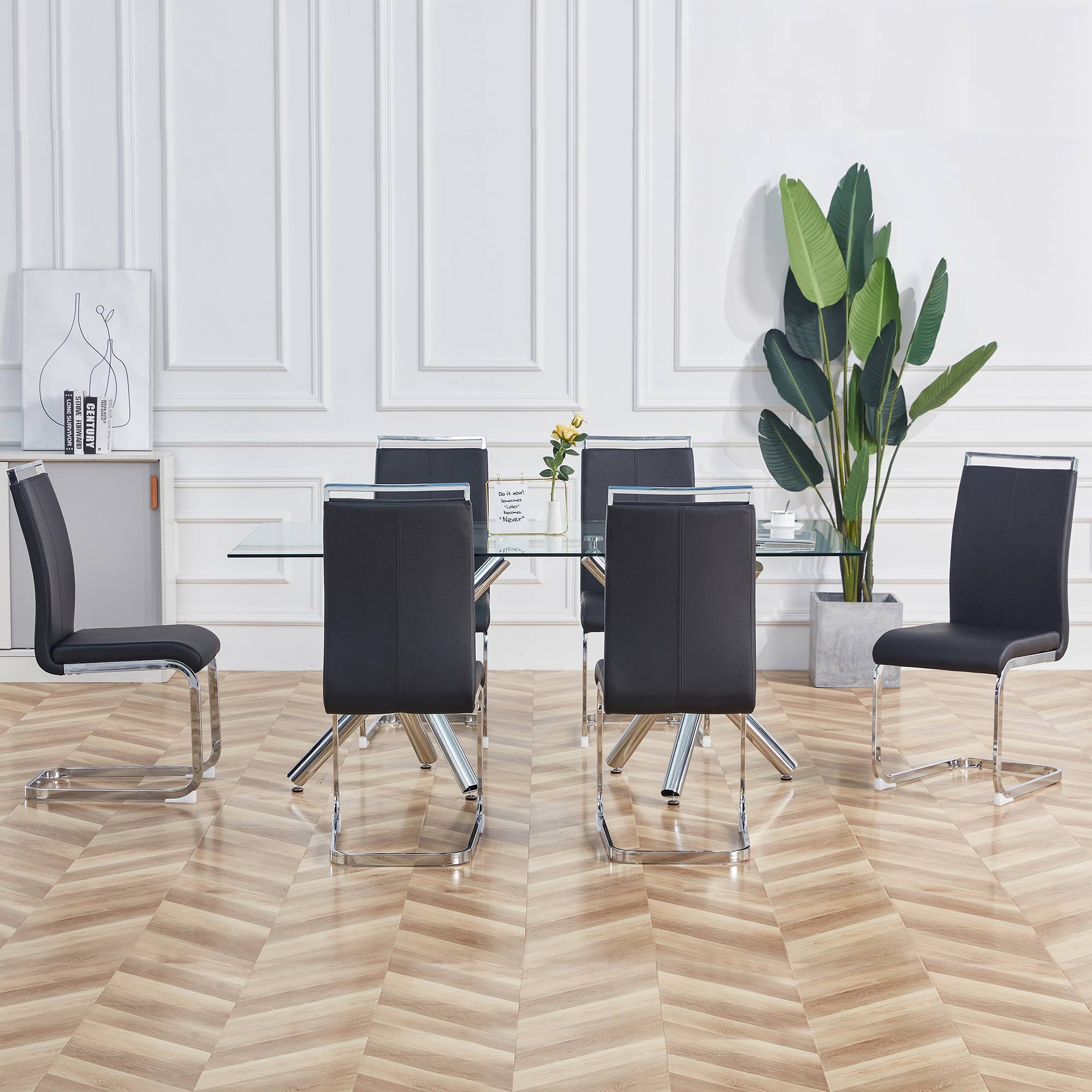 Cantilever Chair Set of 4, Padded Faux Leather Chrome Metal Frame 120kg, Black