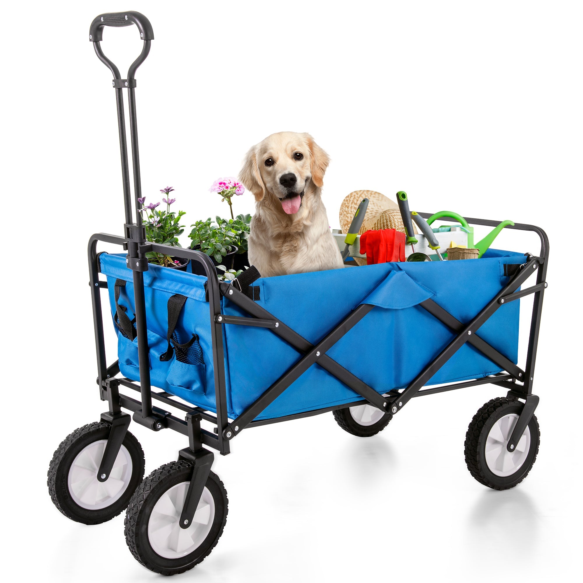 Collapsible Station Wagon Outdoor All Terrain Trolley, Foldable Garden Cart with Mesh Cup Holder and Adjustable Handles, Blue