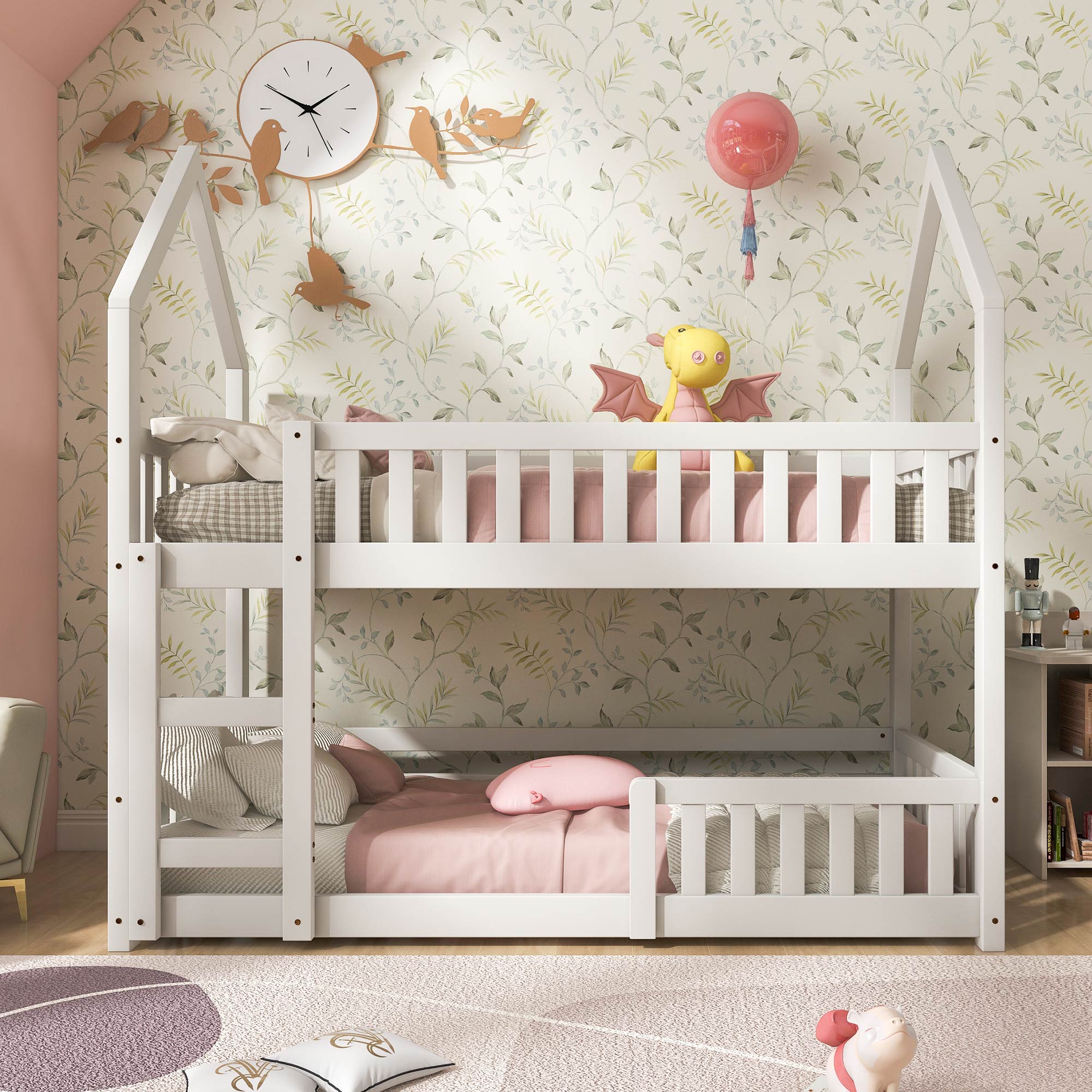 Bunk Bed, Twin Sleeper with Ladder & Gaming Castle Design, Solid Wood Frame (White)
