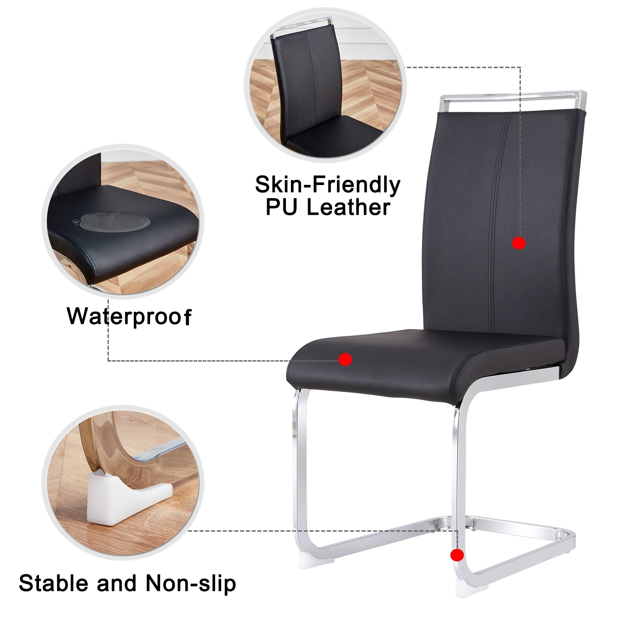 Cantilever Chair Set of 4, Padded Faux Leather Chrome Metal Frame 120kg, Black