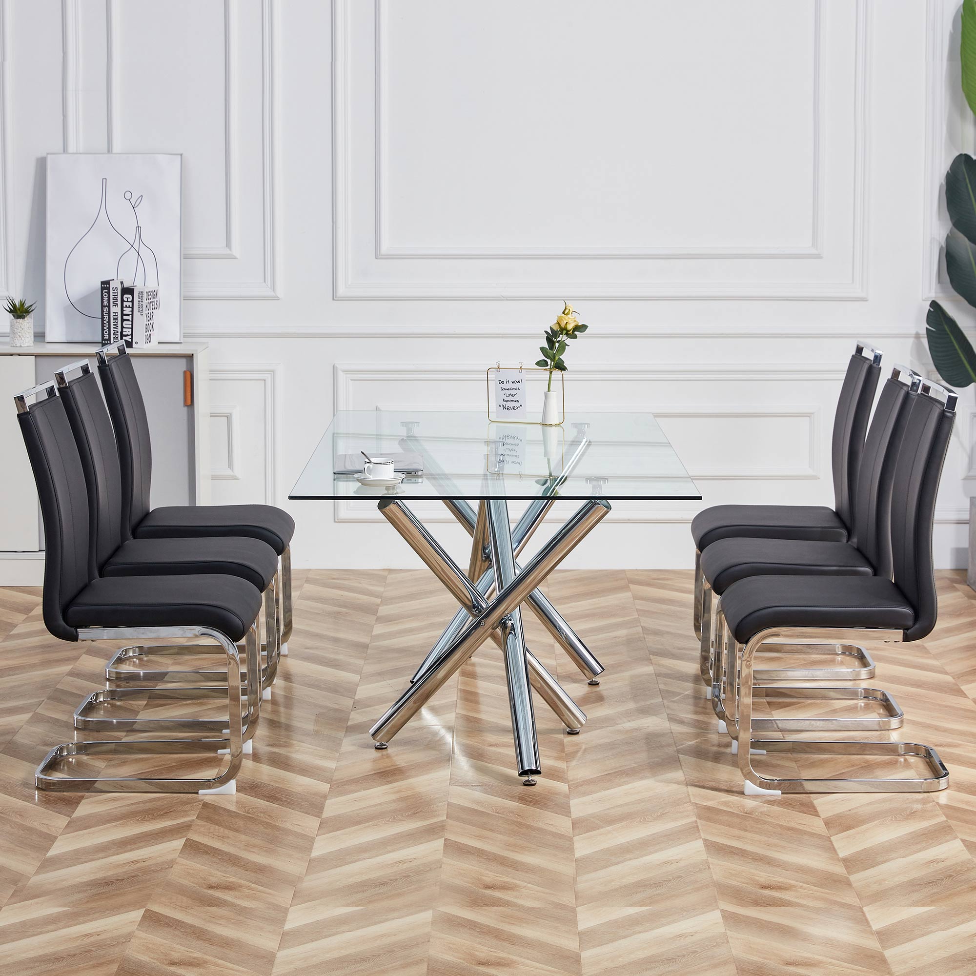 Cantilever Chair Set of 4, Padded Faux Leather Chrome Metal Frame 120kg, Black