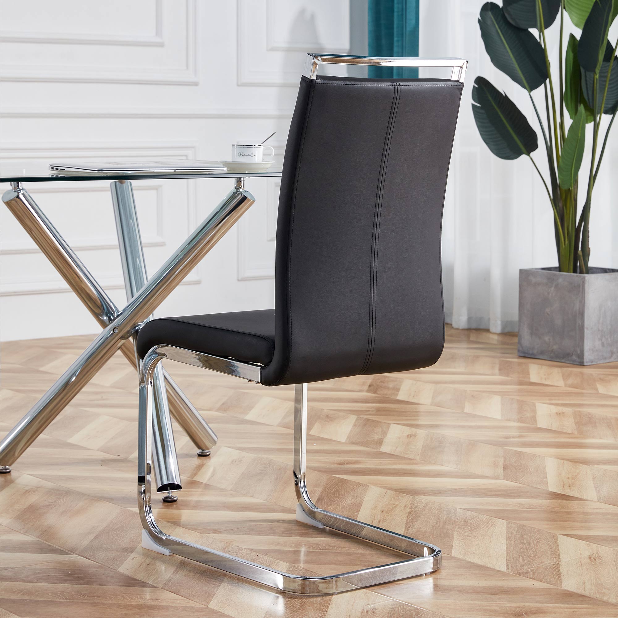 Cantilever Chair Set of 4, Padded Faux Leather Chrome Metal Frame 120kg, Black