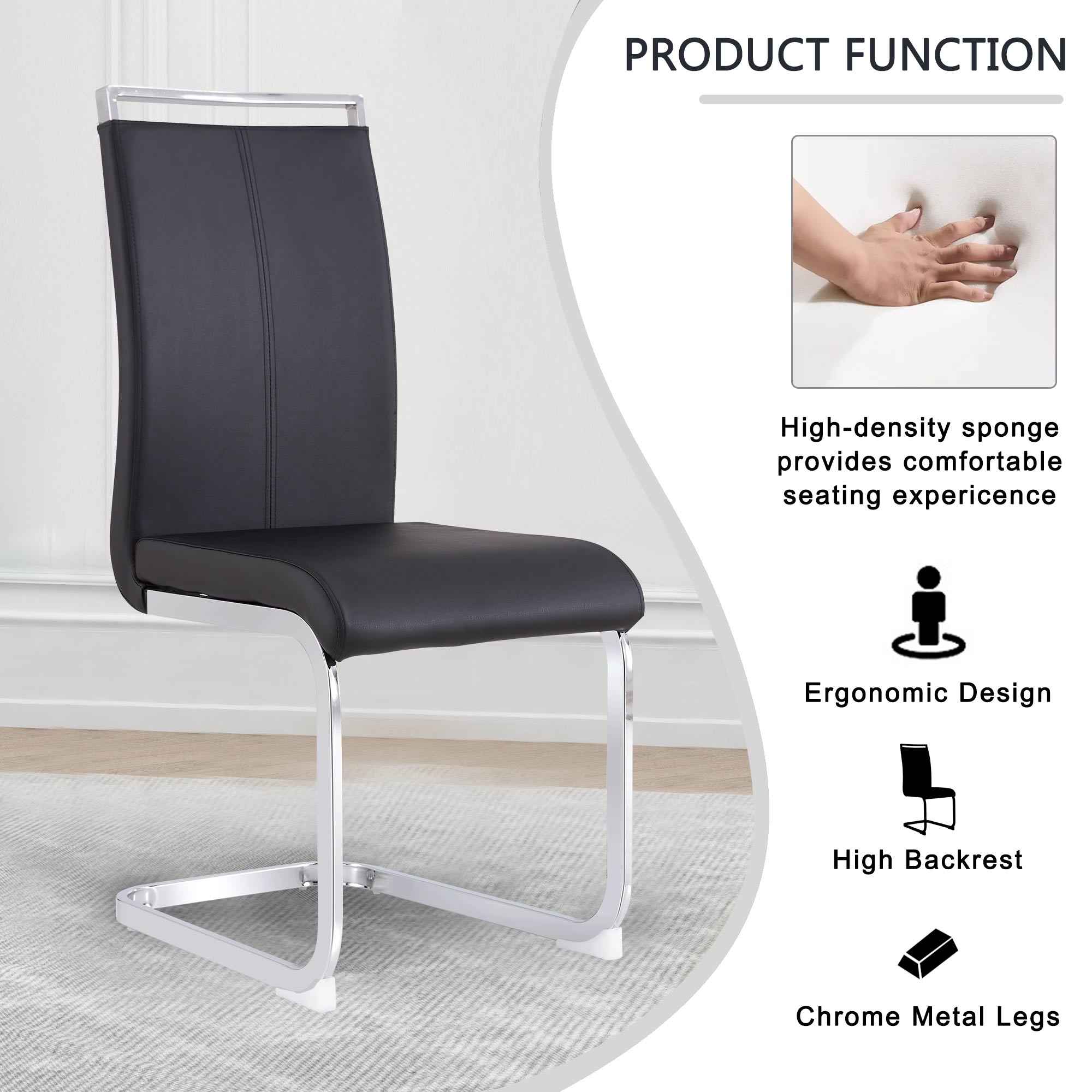 Cantilever Chair Set of 4, Padded Faux Leather Chrome Metal Frame 120kg, Black