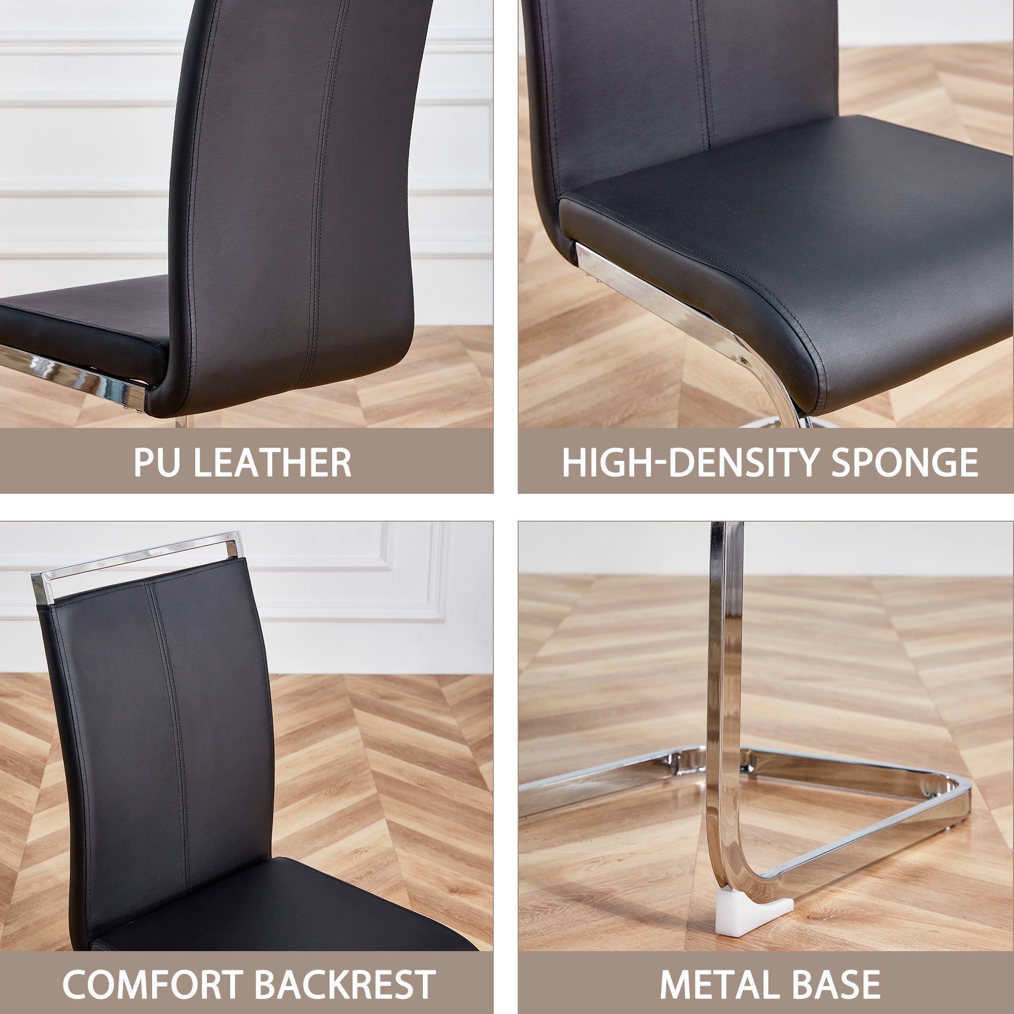 Cantilever Chair Set of 4, Padded Faux Leather Chrome Metal Frame 120kg, Black