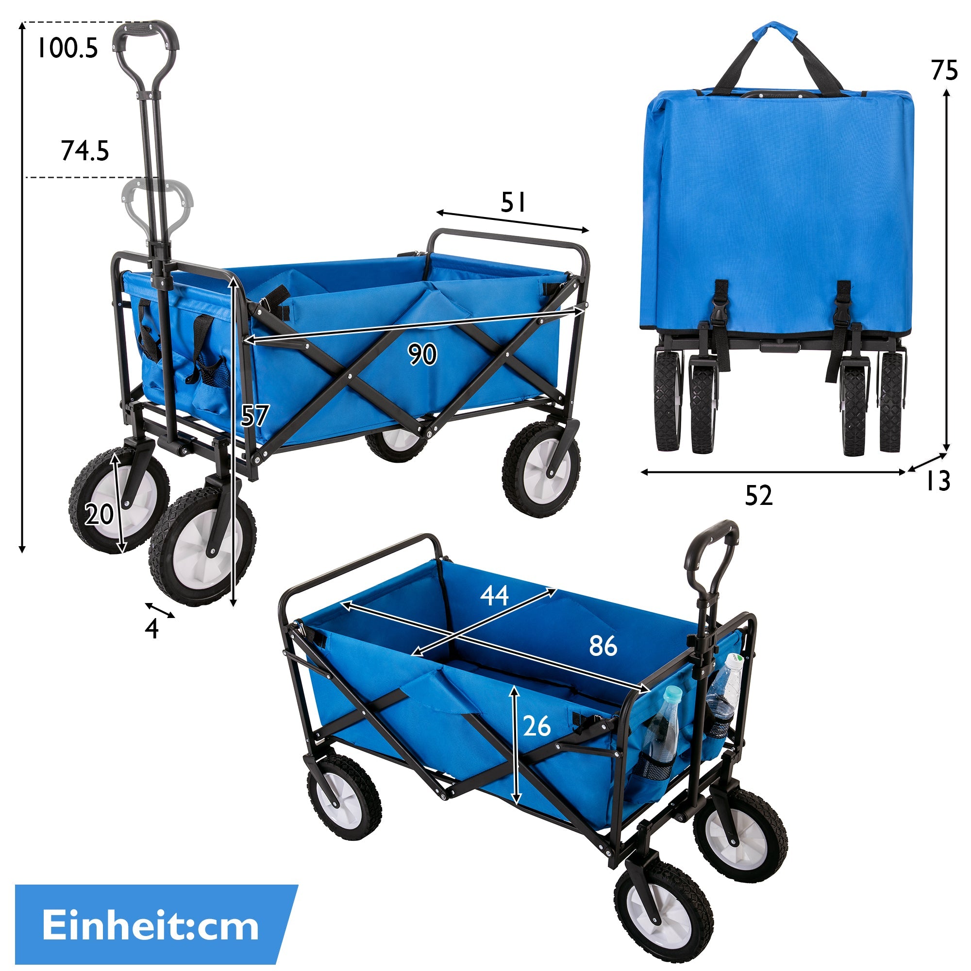 Collapsible Station Wagon Outdoor All Terrain Trolley, Foldable Garden Cart with Mesh Cup Holder and Adjustable Handles, Blue