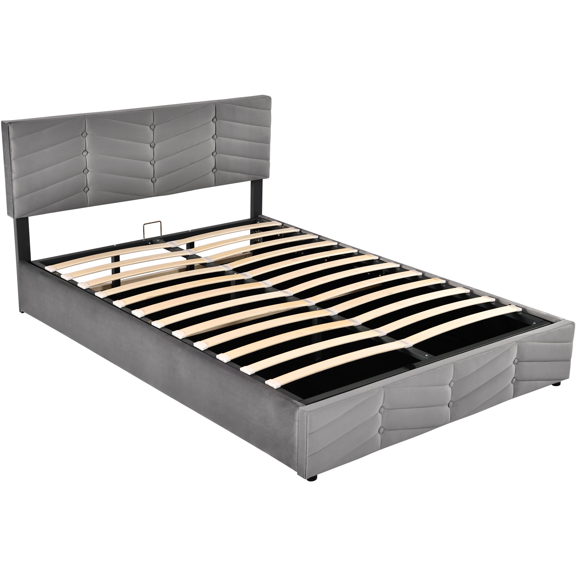Upholstered Double Bed 140x190 Hydraulic Striped Adjustable Headboard - Velvet Grey