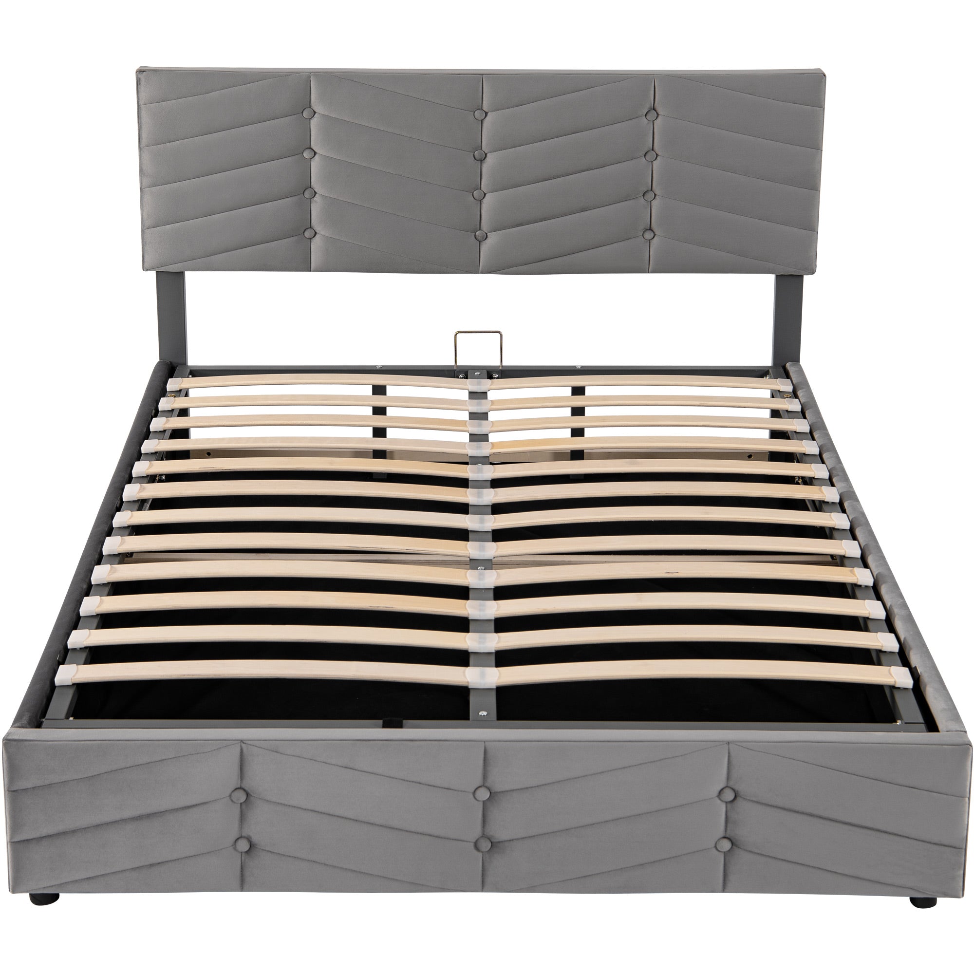 Upholstered Double Bed 140x200cm with Hydraulic Function, Striped Adjustable Headboard, Velvet Grey