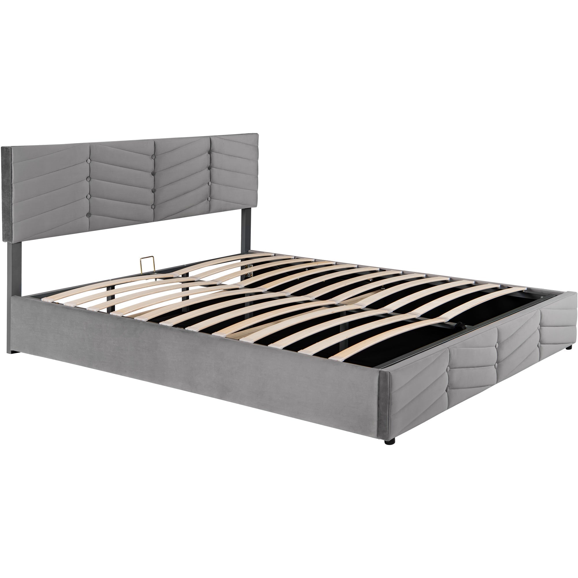 Upholstered Double Bed 160x200cm Hydraulic Lift Striped Height-Adjustable Headboard Velvet Grey