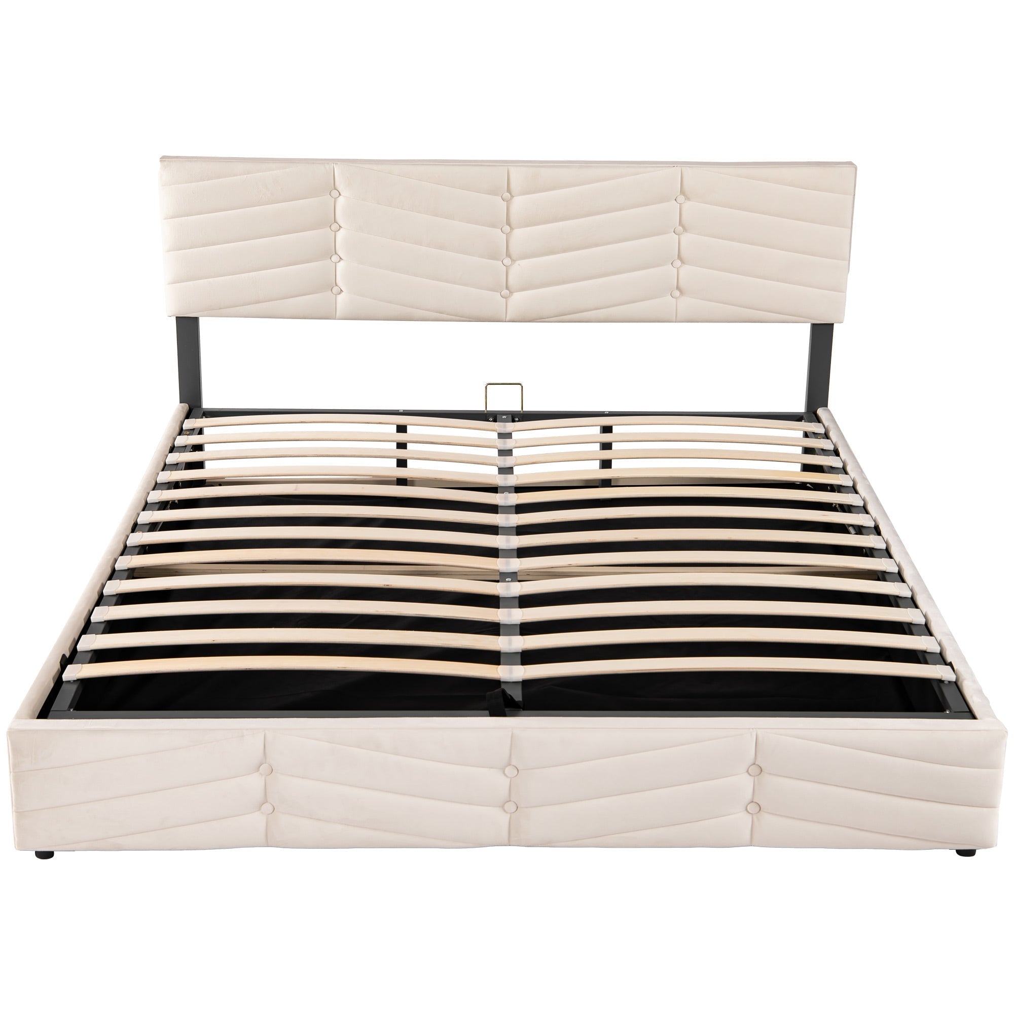 Upholstered Double Bed 180x200cm Hydraulic Storage Striped Headboard - Velvet Beige