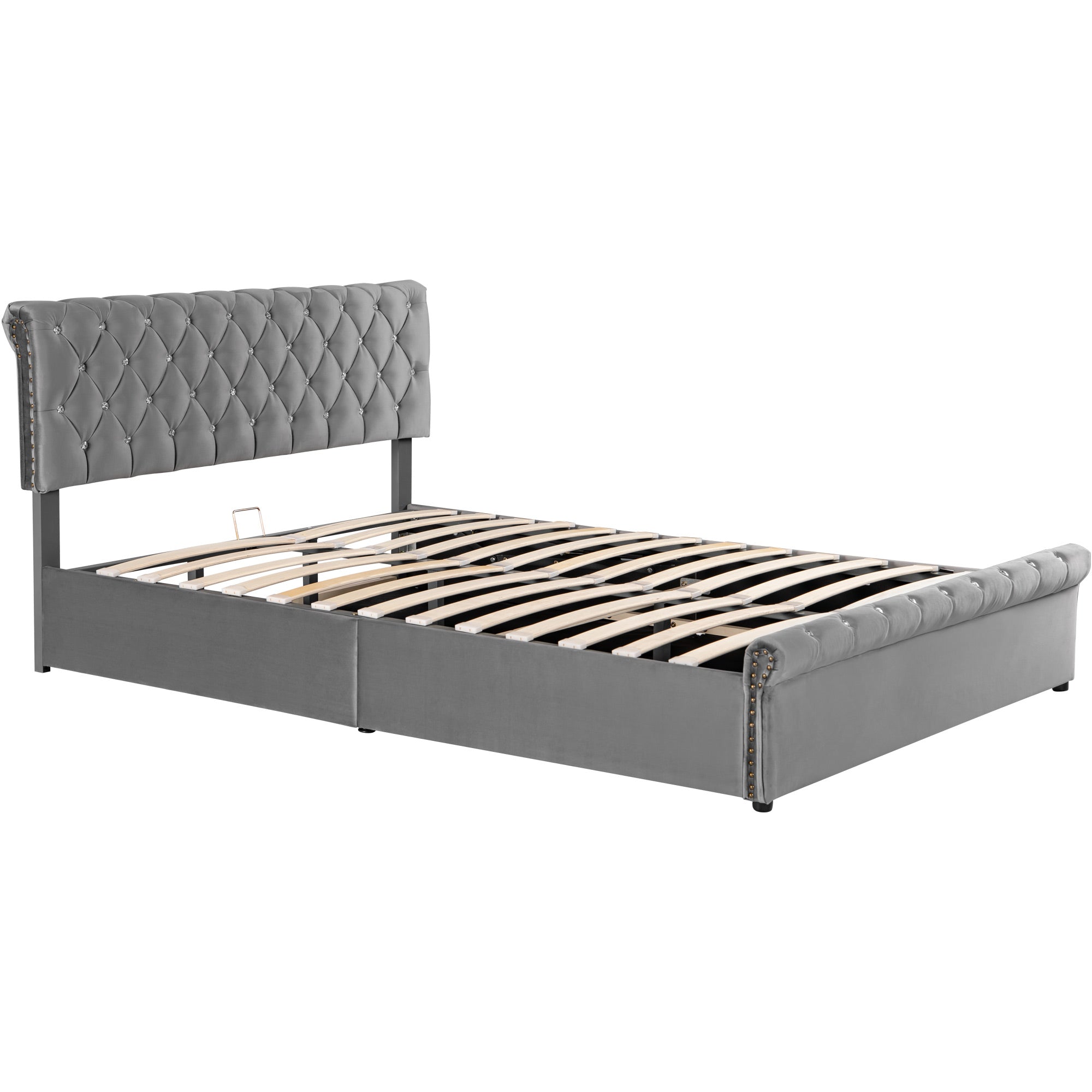 Upholstered Double Bed with Hydraulic Storage and Height-Adjustable Headboard, 140x200cm, Grey Velvet