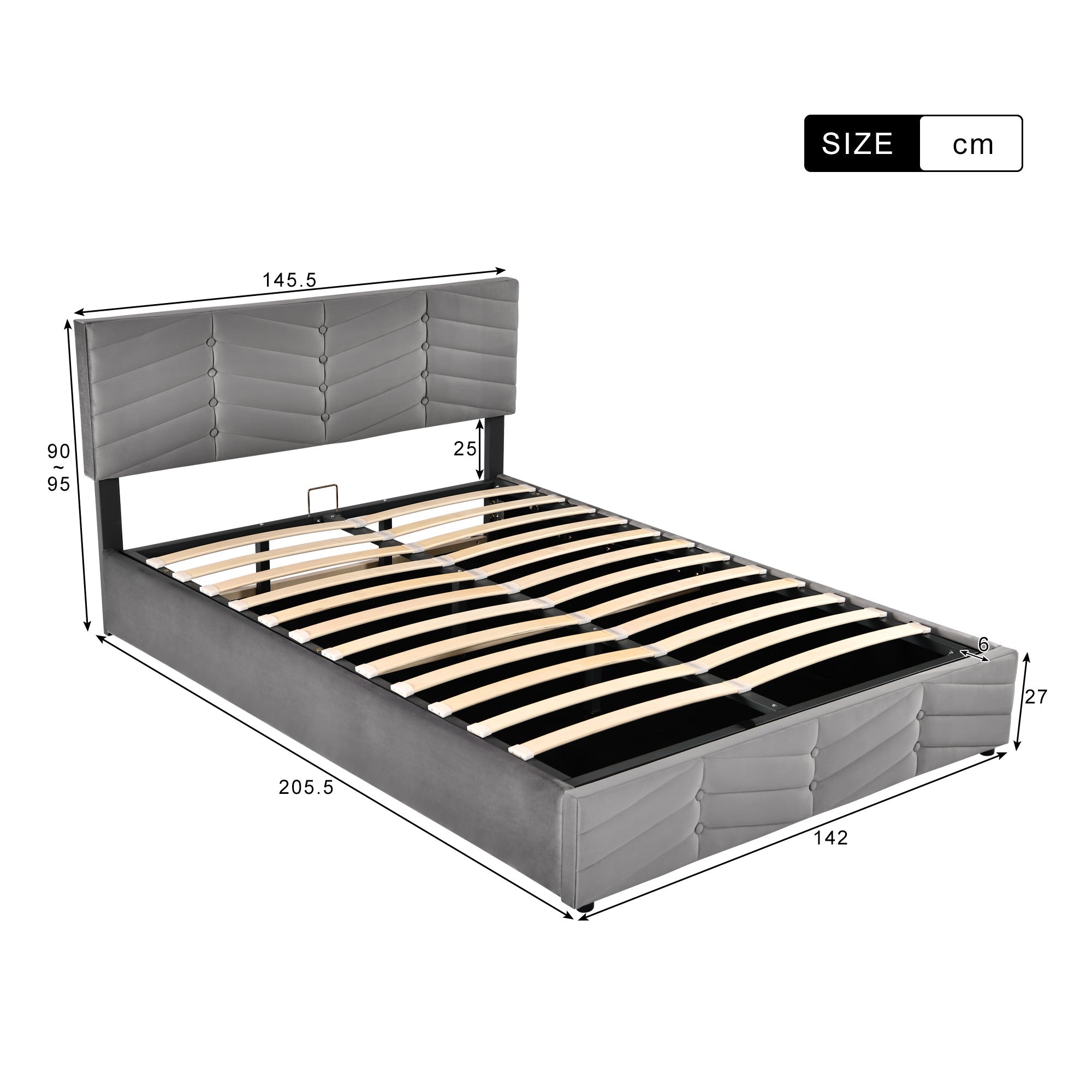 Upholstered Double Bed 140x200cm with Hydraulic Function, Striped Adjustable Headboard, Velvet Grey