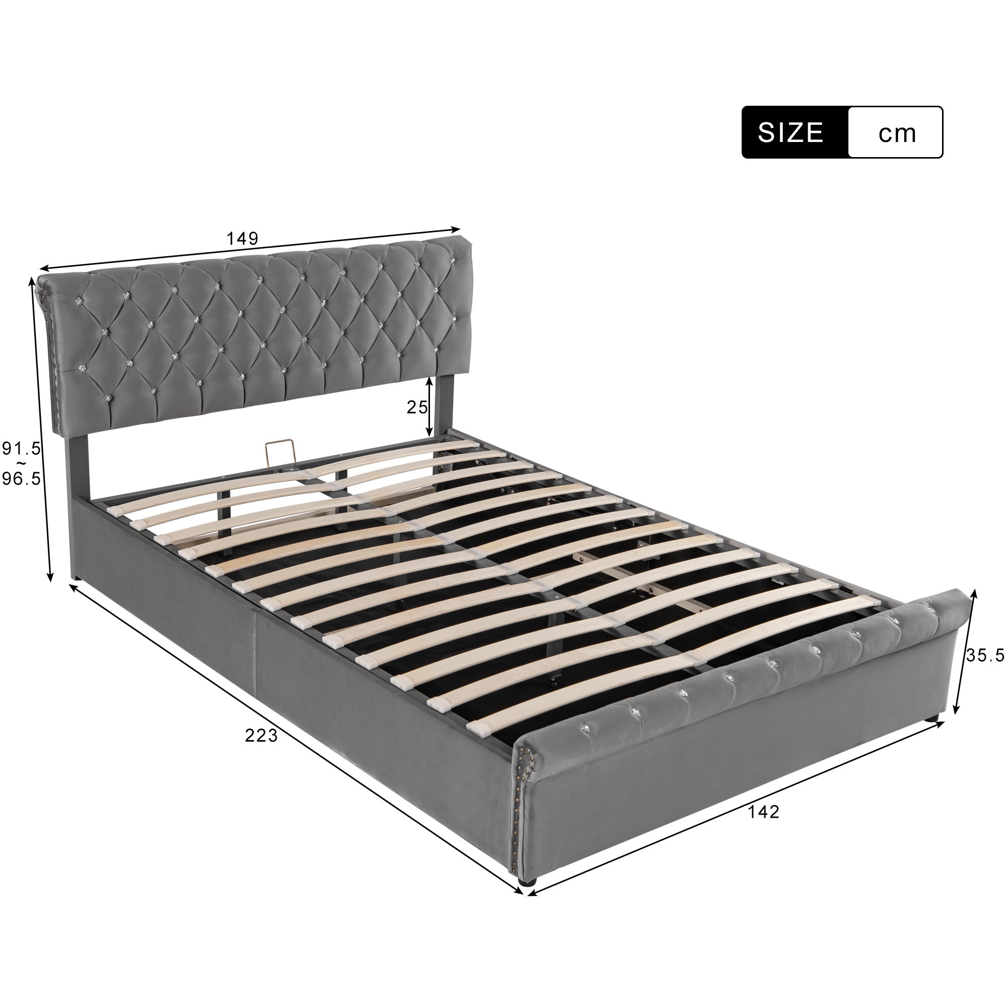 Upholstered Double Bed with Hydraulic Storage and Height-Adjustable Headboard, 140x200cm, Grey Velvet
