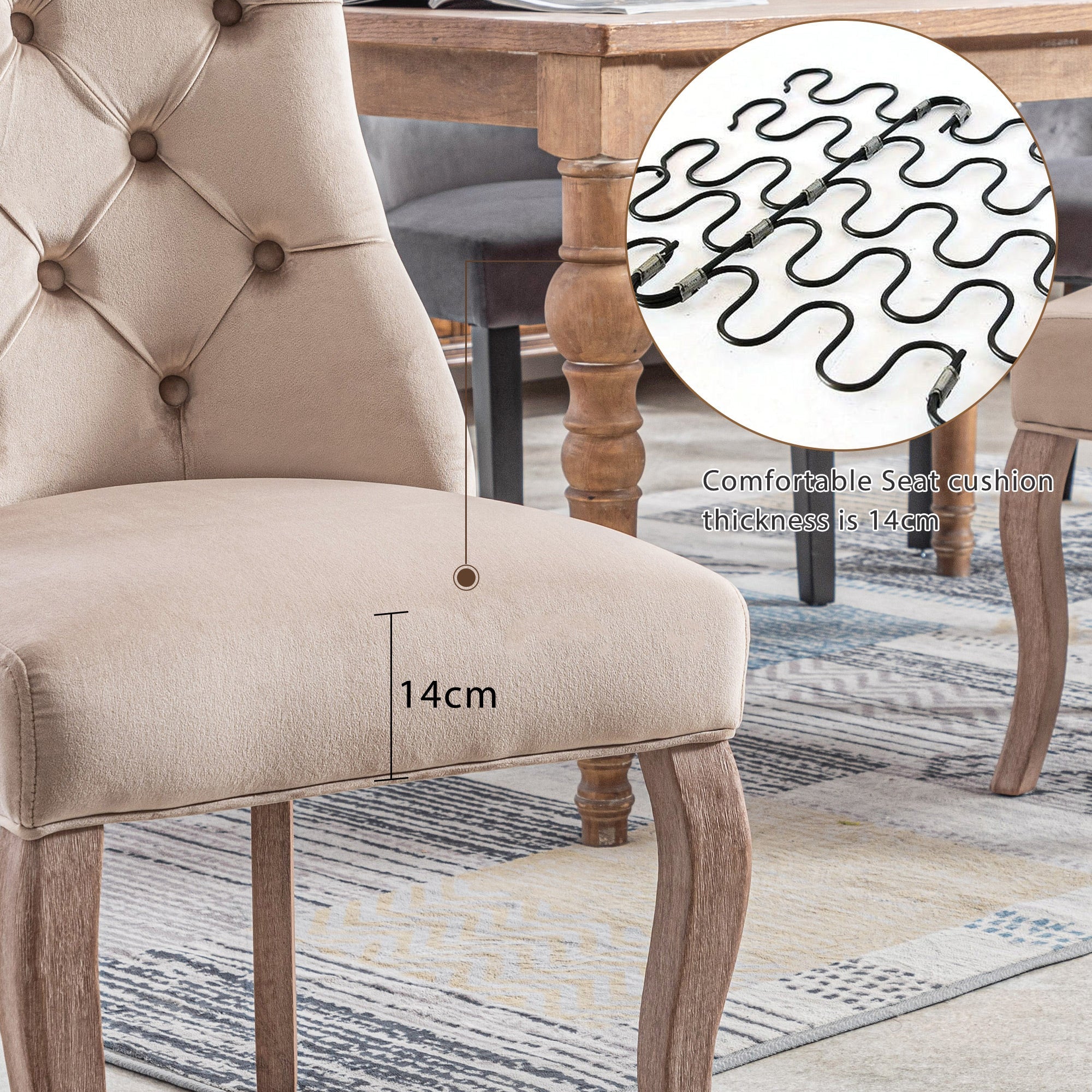 Dining Chair Set of 6 High Back Button Tufted Solid Wood Frame Beige Velvet