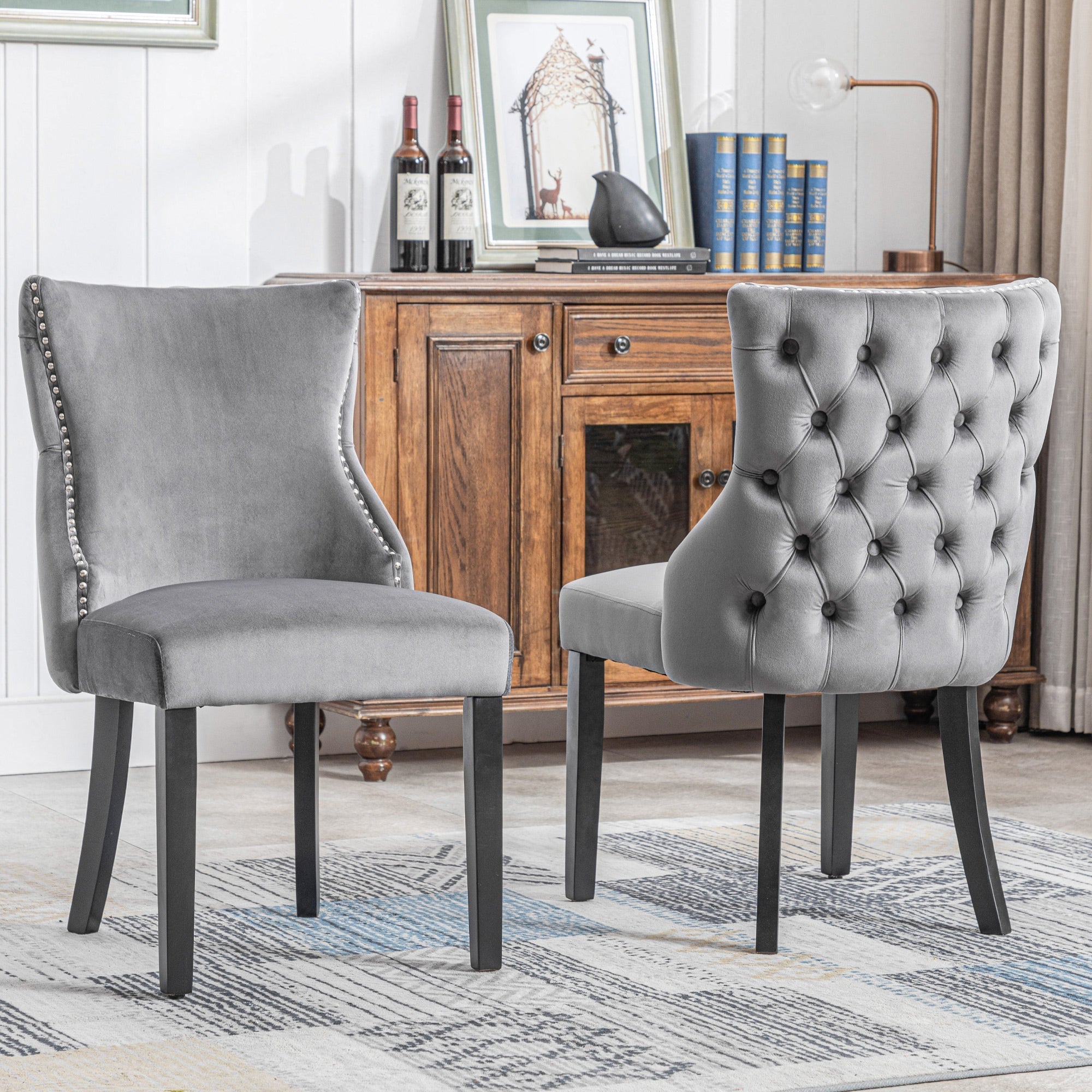 Dining Chair Set of 6 Velvet Button Tufting Solid Wood Frame Grey