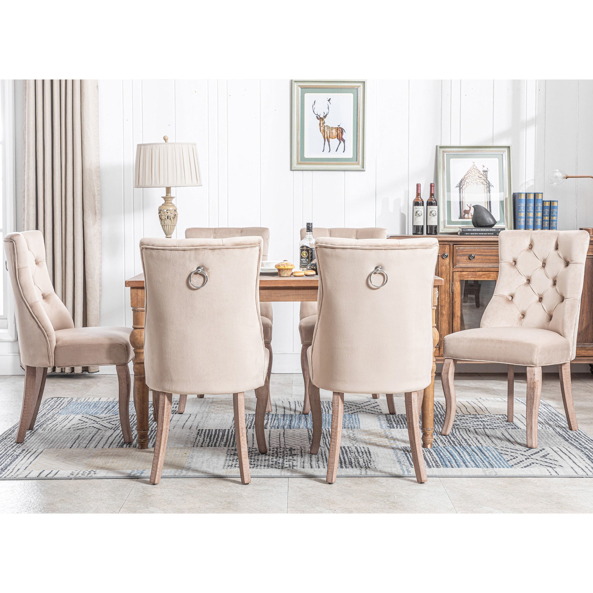 Dining Chair Set of 6 High Back Button Tufted Solid Wood Frame Beige Velvet