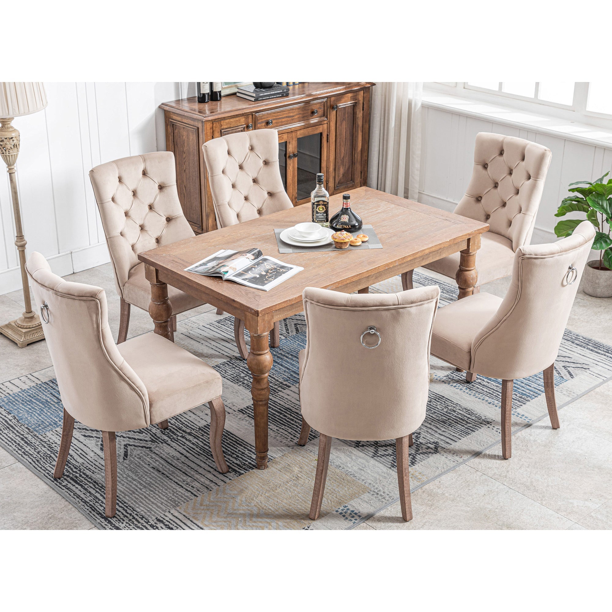 Dining Chair Set of 6 High Back Button Tufted Solid Wood Frame Beige Velvet