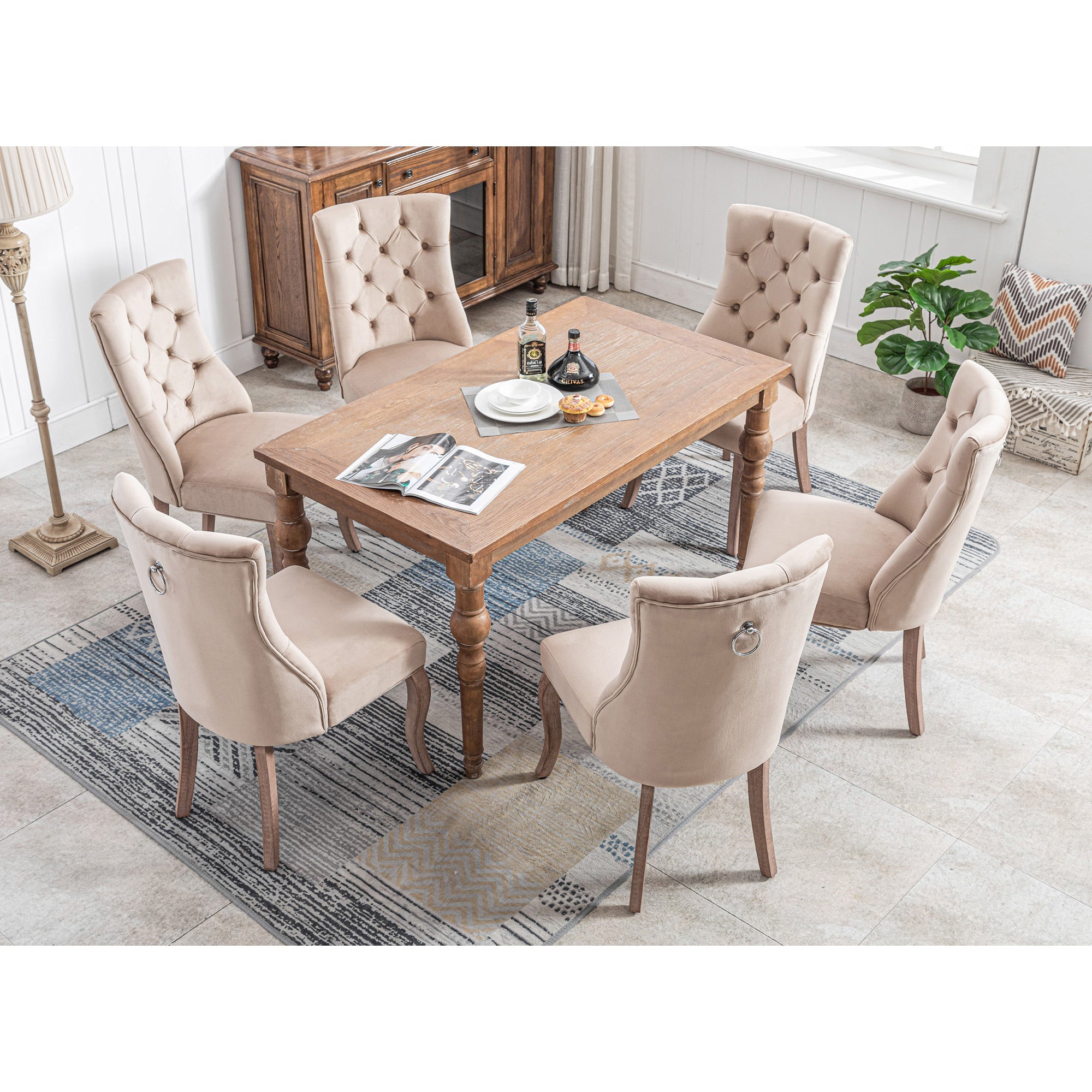 Dining Chair Set of 6 High Back Button Tufted Solid Wood Frame Beige Velvet