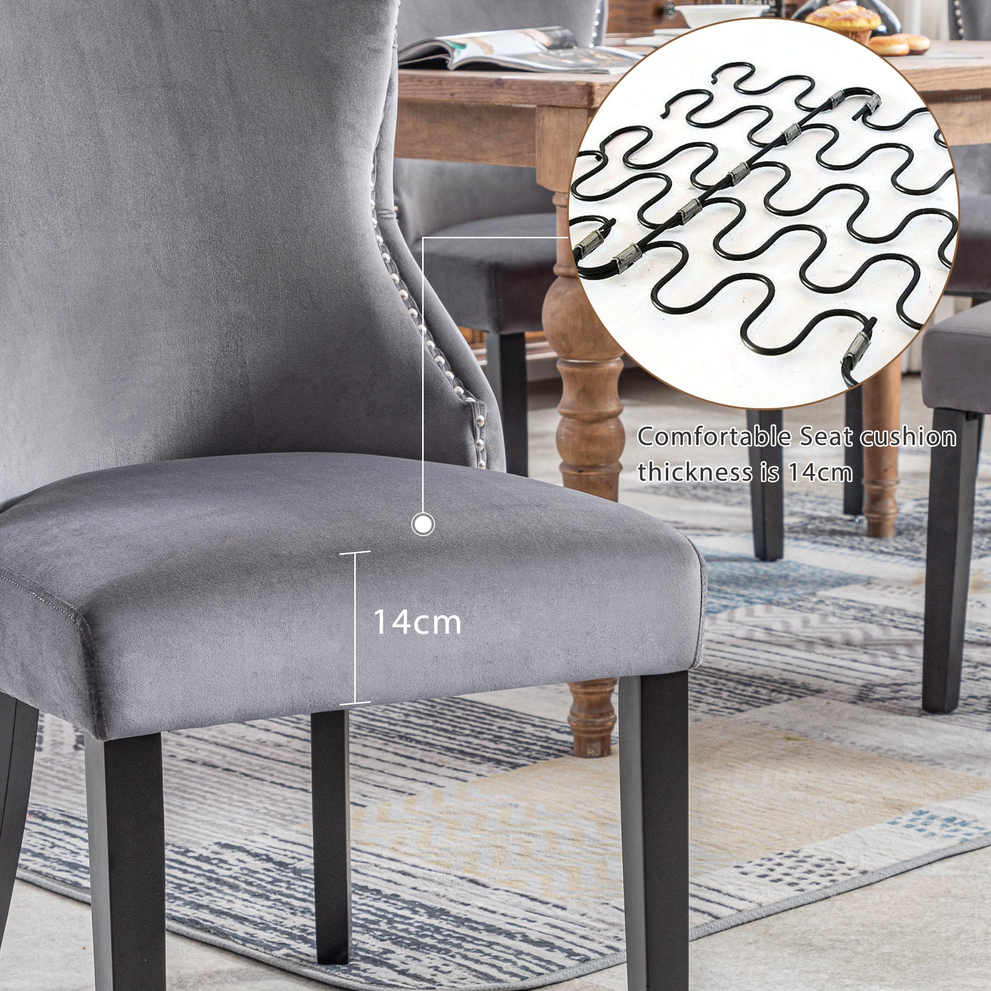 Dining Chair Set of 6 Velvet Button Tufting Solid Wood Frame Grey