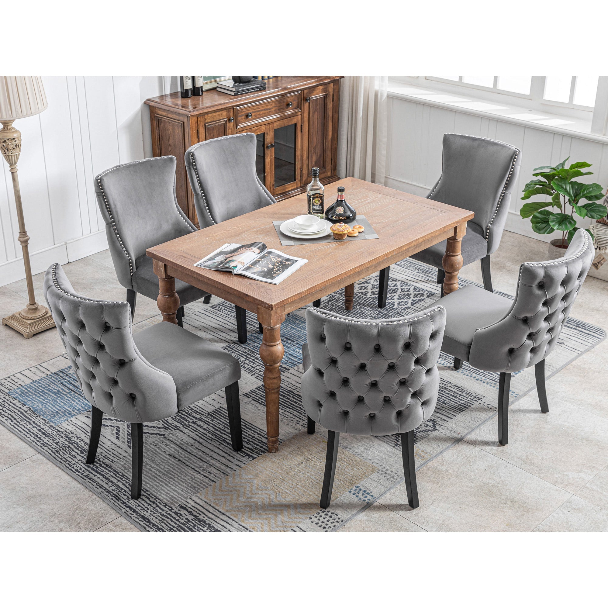 Dining Chair Set of 6 Velvet Button Tufting Solid Wood Frame Grey