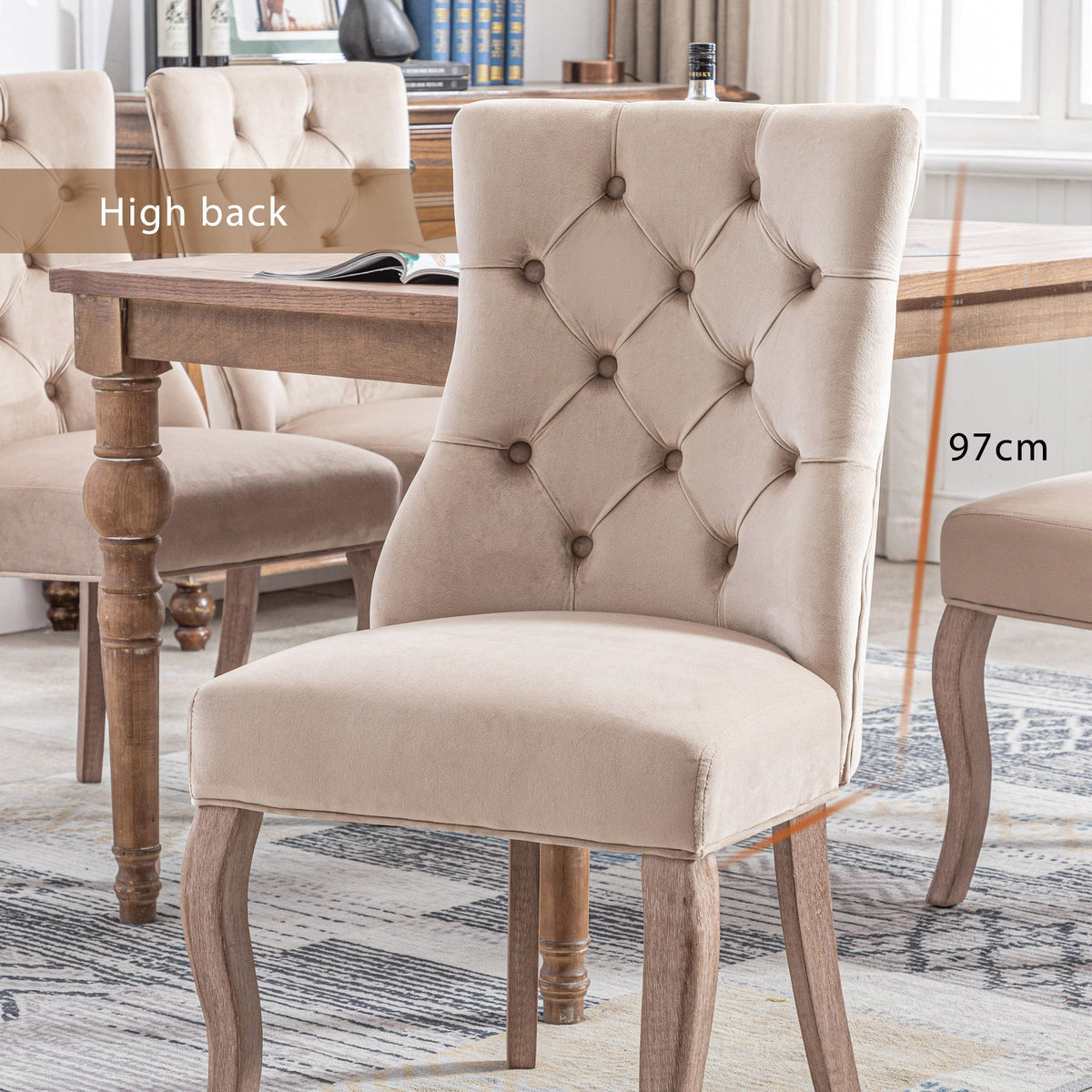 Dining Chair Set of 2 High Back Button Tufting Solid Wood Frame Beige Velvet