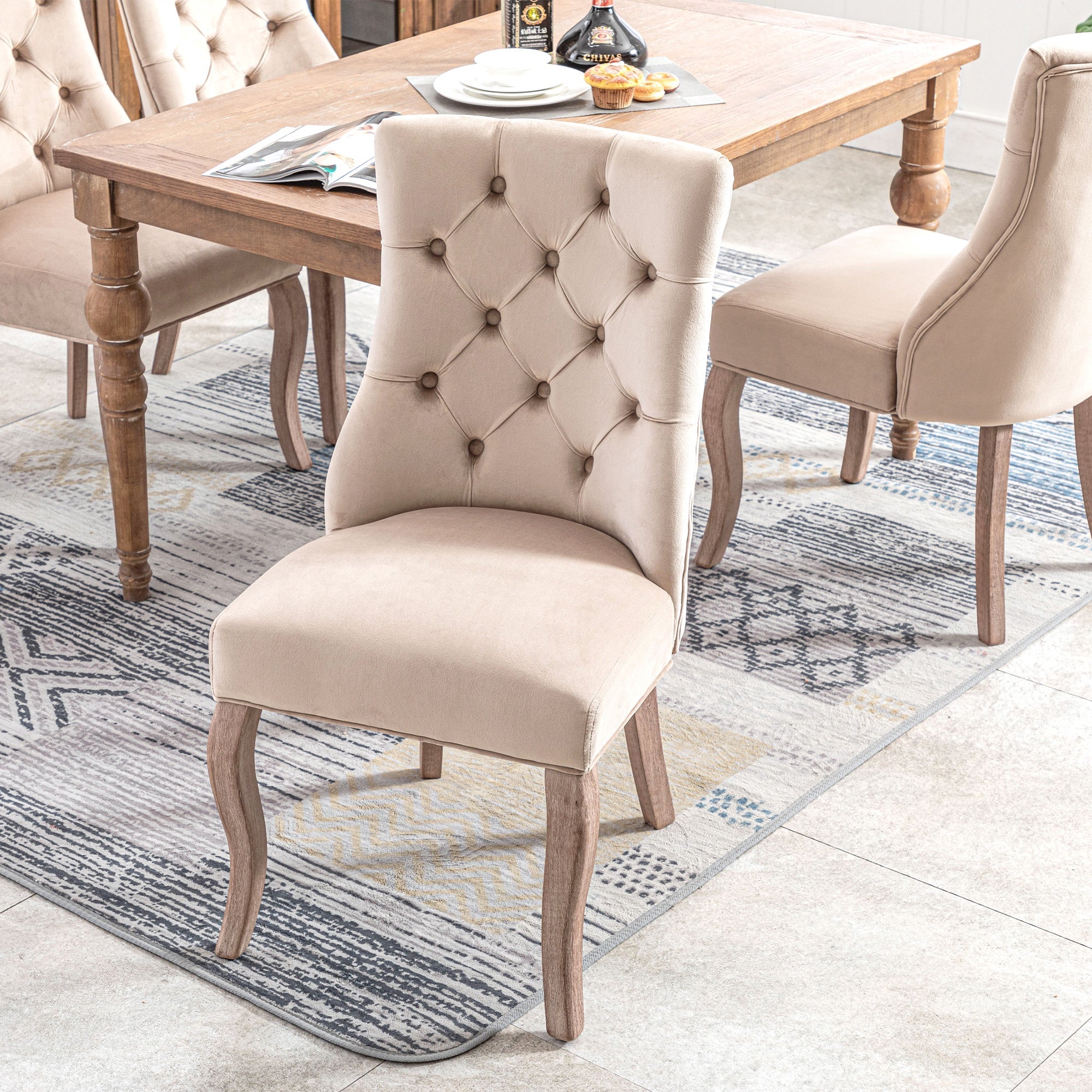 Dining Chair Set of 6 High Back Button Tufted Solid Wood Frame Beige Velvet