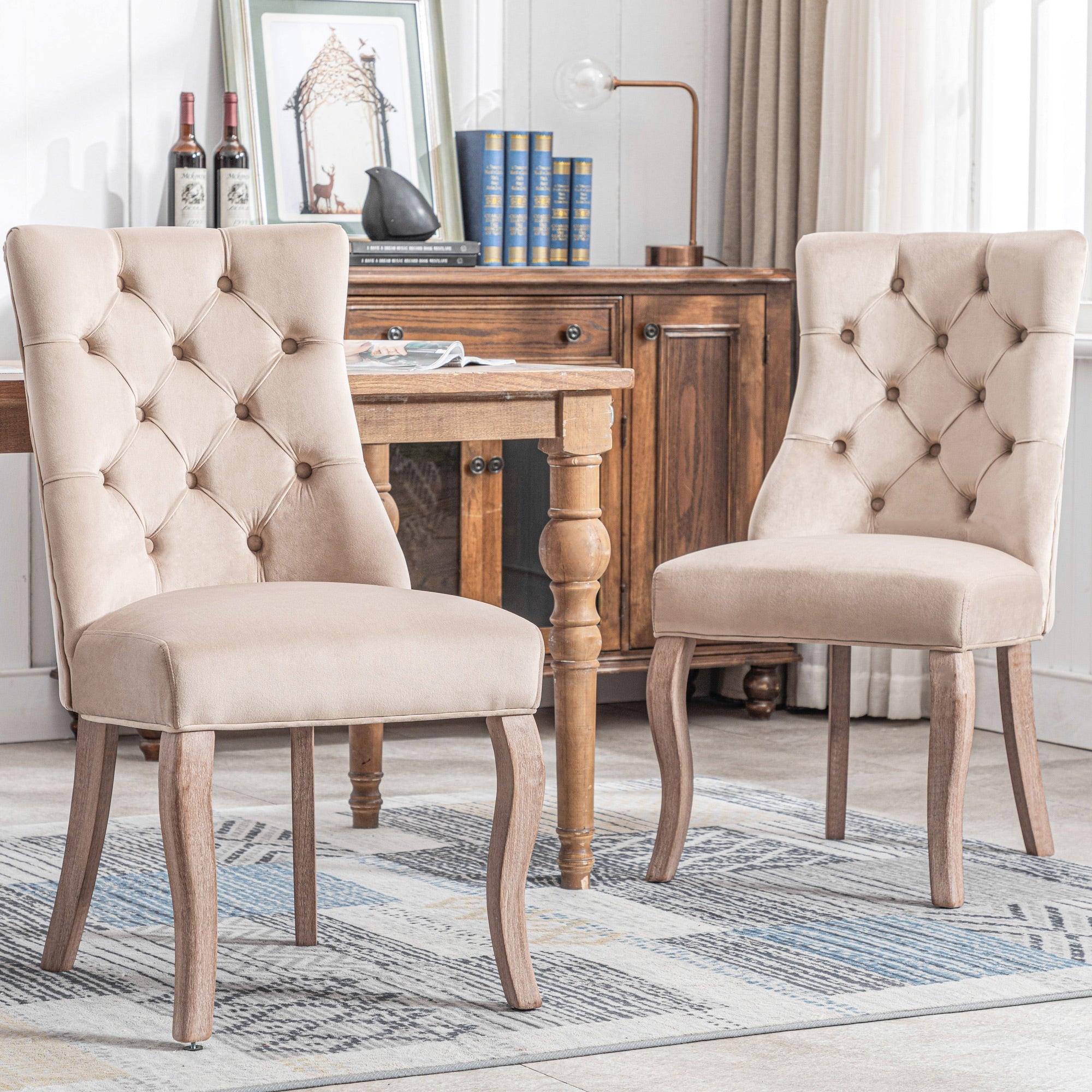 Dining Chair Set of 2 High Back Button Tufting Solid Wood Frame Beige Velvet