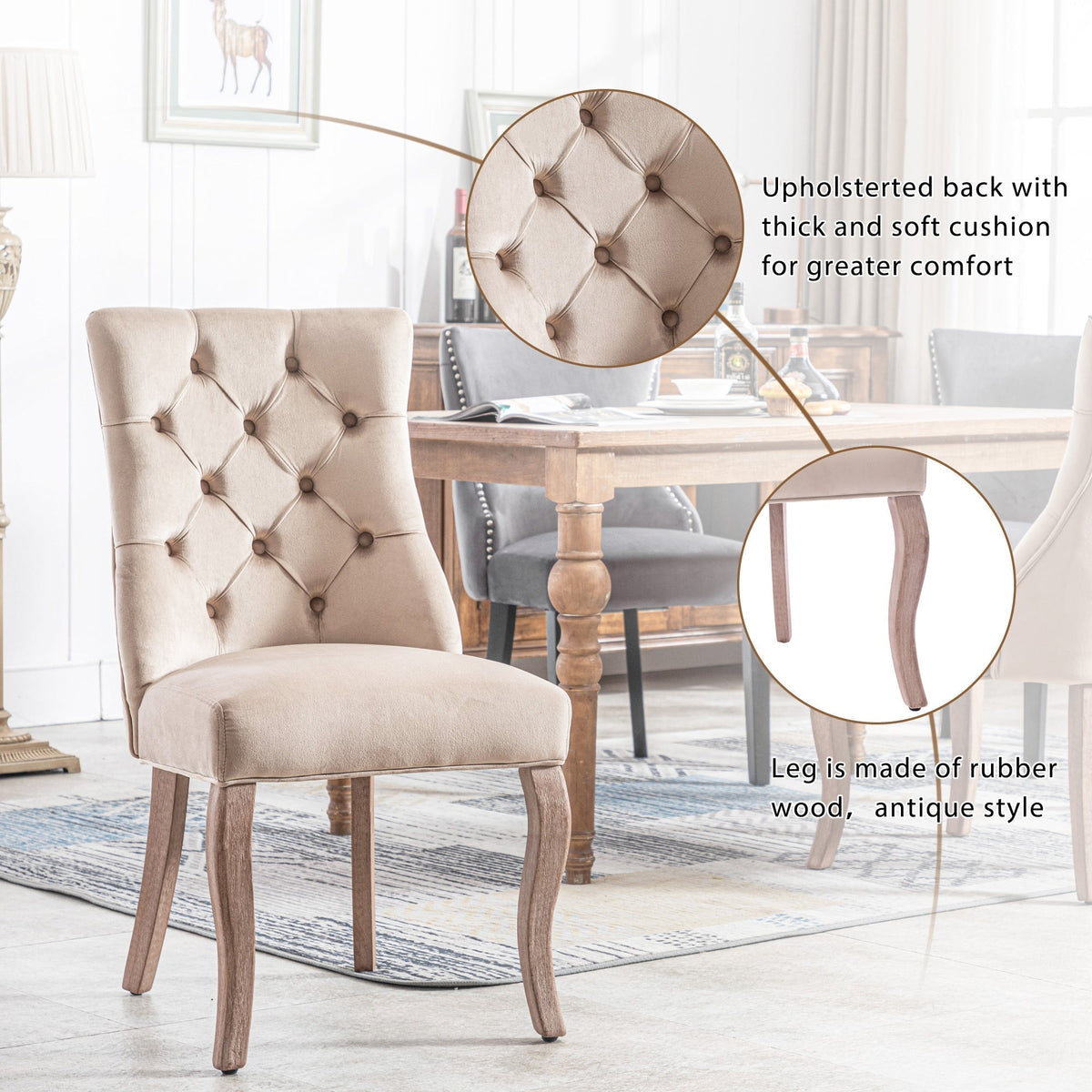 Dining Chair Set of 4 High Back Button Tufting Beige Velvet