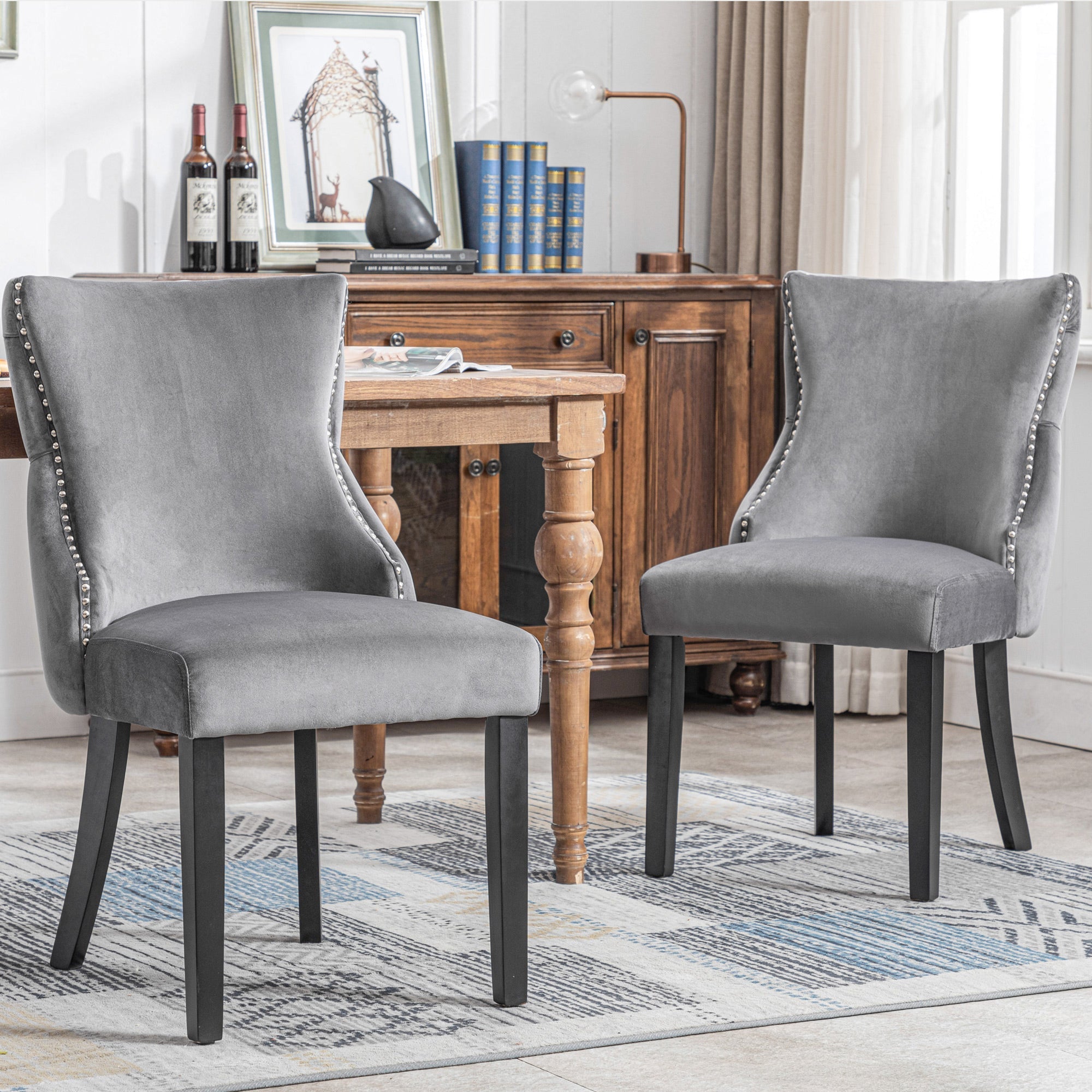 Dining Chairs (Set of 2) Button Tufting Solid Wood Frame, Grey Velvet