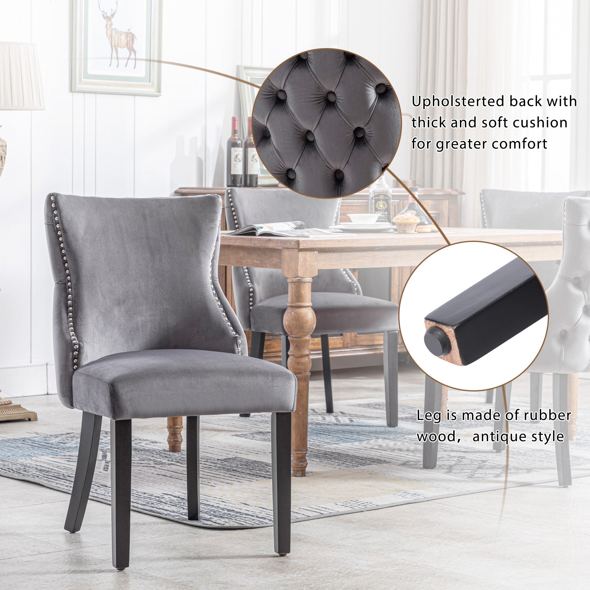 Dining Chair Set of 6 Velvet Button Tufting Solid Wood Frame Grey