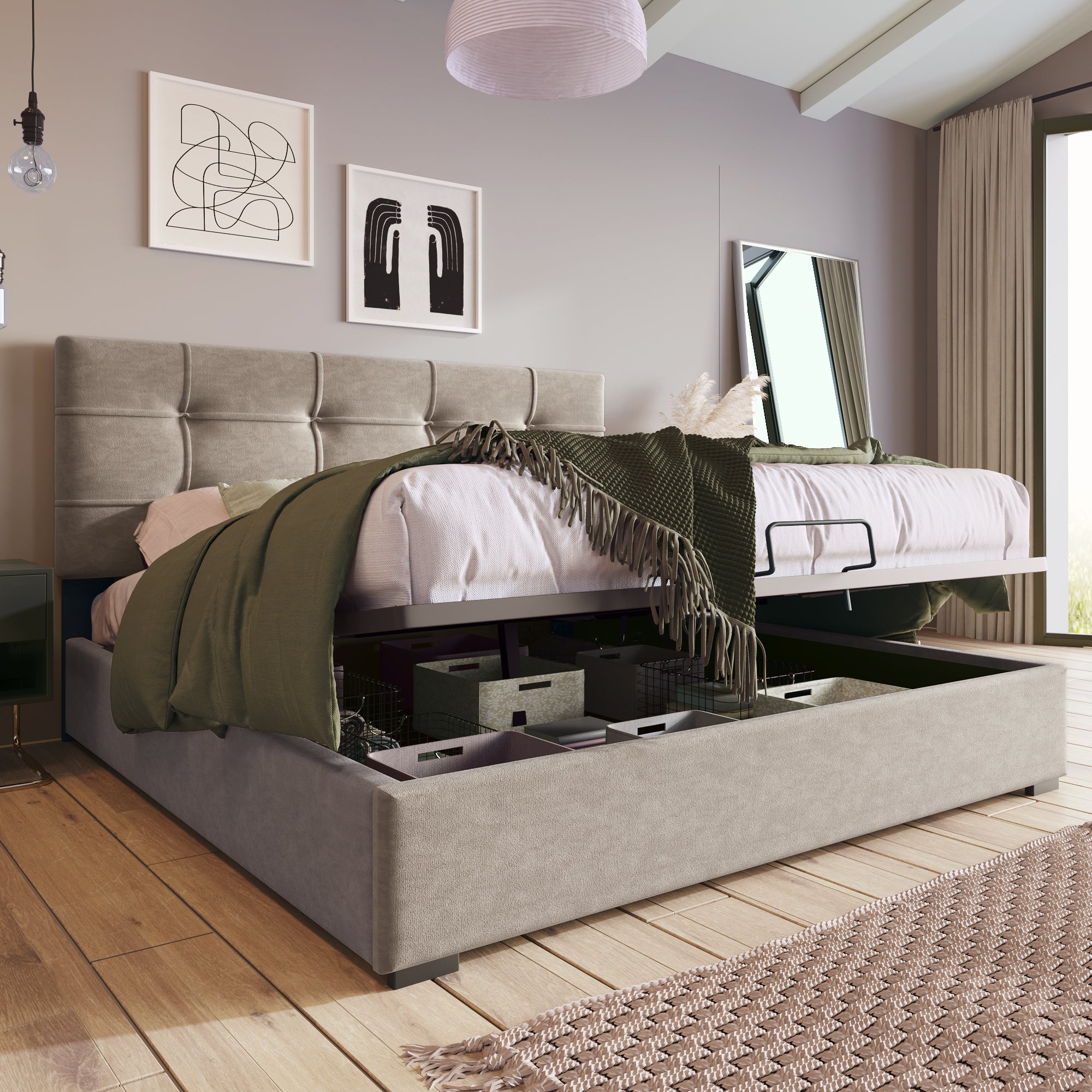 Hydraulic Double Upholstered Bed 140x200cm, Adjustable Headboard, Storage, Light Grey Velvet