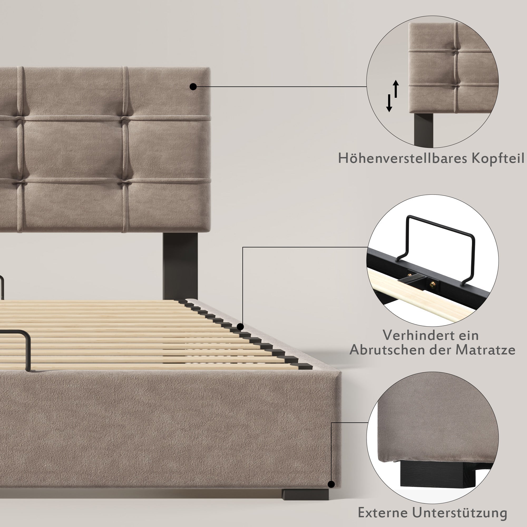 Upholstered Bed 90x200cm, Adjustable Headboard, Velvet, Light Grey